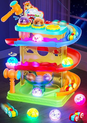 2-in-1 Rolling Ball & Car Ramp Race Track for Toddlers, Hammer Ball Drop Toy for Boys & Girls, Interactive Playset w/Sensor Lights - Montessori STEM