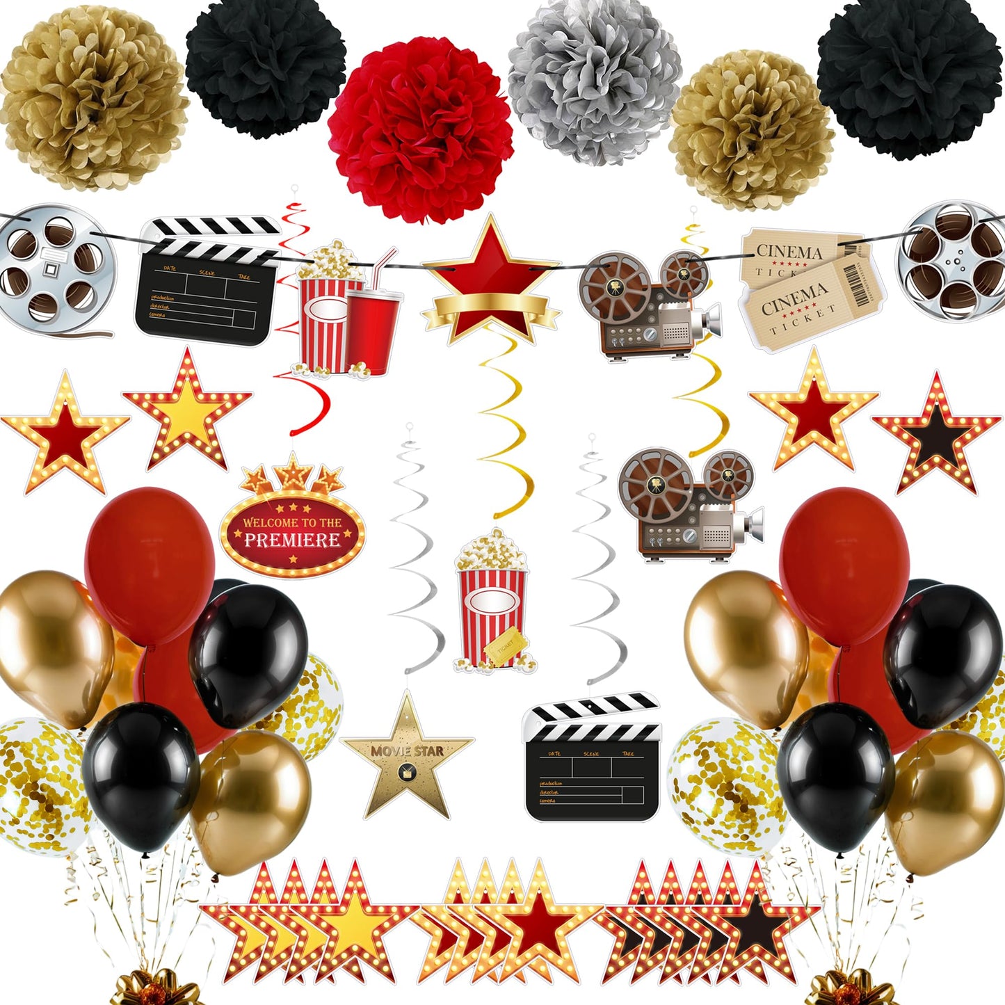 47 PCS Movie Party Decorations Kit Now Showing Banner Hanging Swirls Balloons for Movie Themed Wedding Bridal Baby Shower Birthday Parties