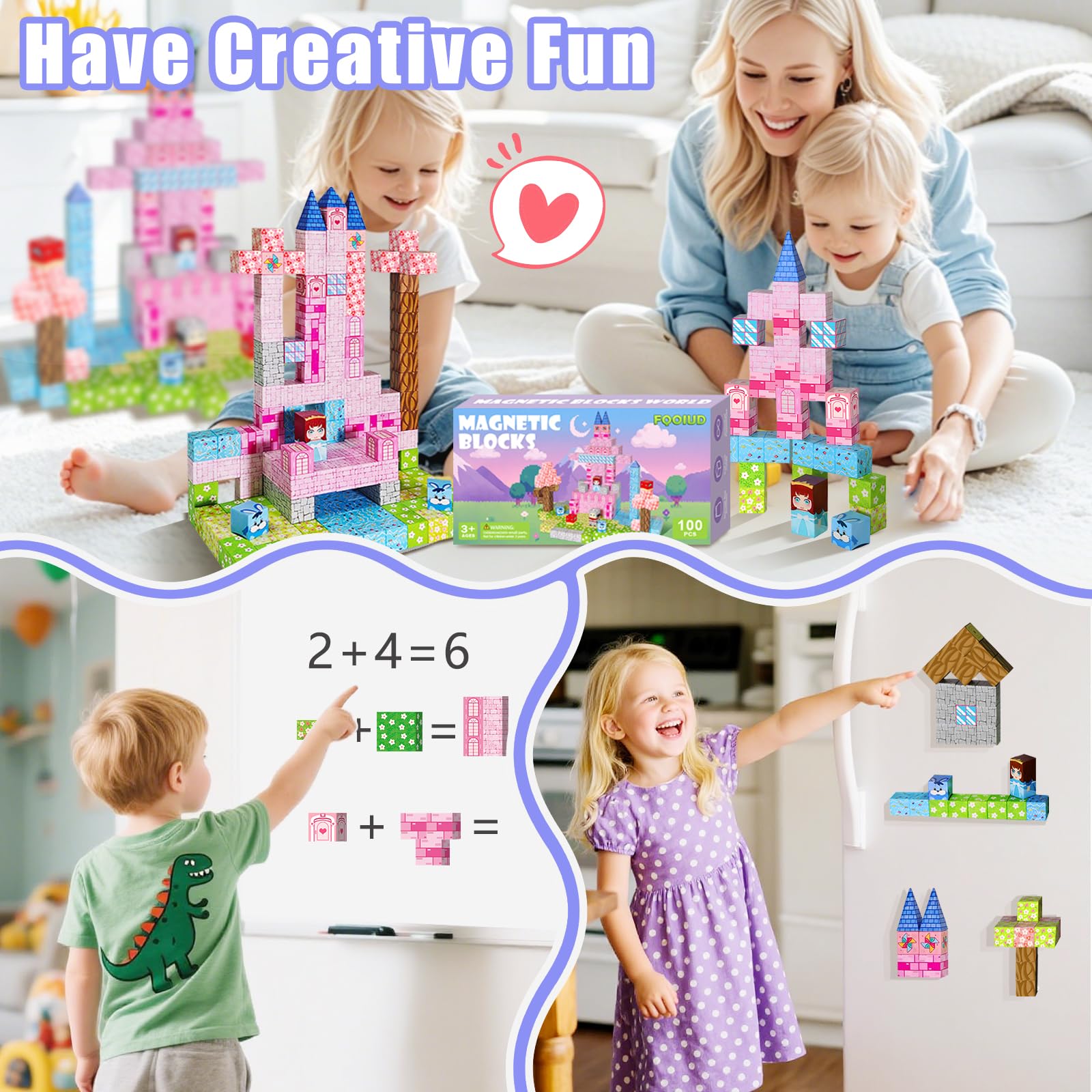 100PCS Magnetic Blocks, Magnetic Building Blocks, STEM Constructions Magnet Blocks for Boys Girls Age 3 4 5 6 7 8 9 10, Sensory Stacking Toy Christmas