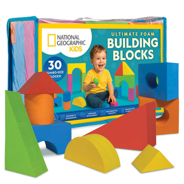 National Geographic Kids Jumbo Foam Blocks - 30-Piece Foam Building Blocks for Toddlers & Preschoolers, Soft Stackable Blocks with Storage Bag, Early