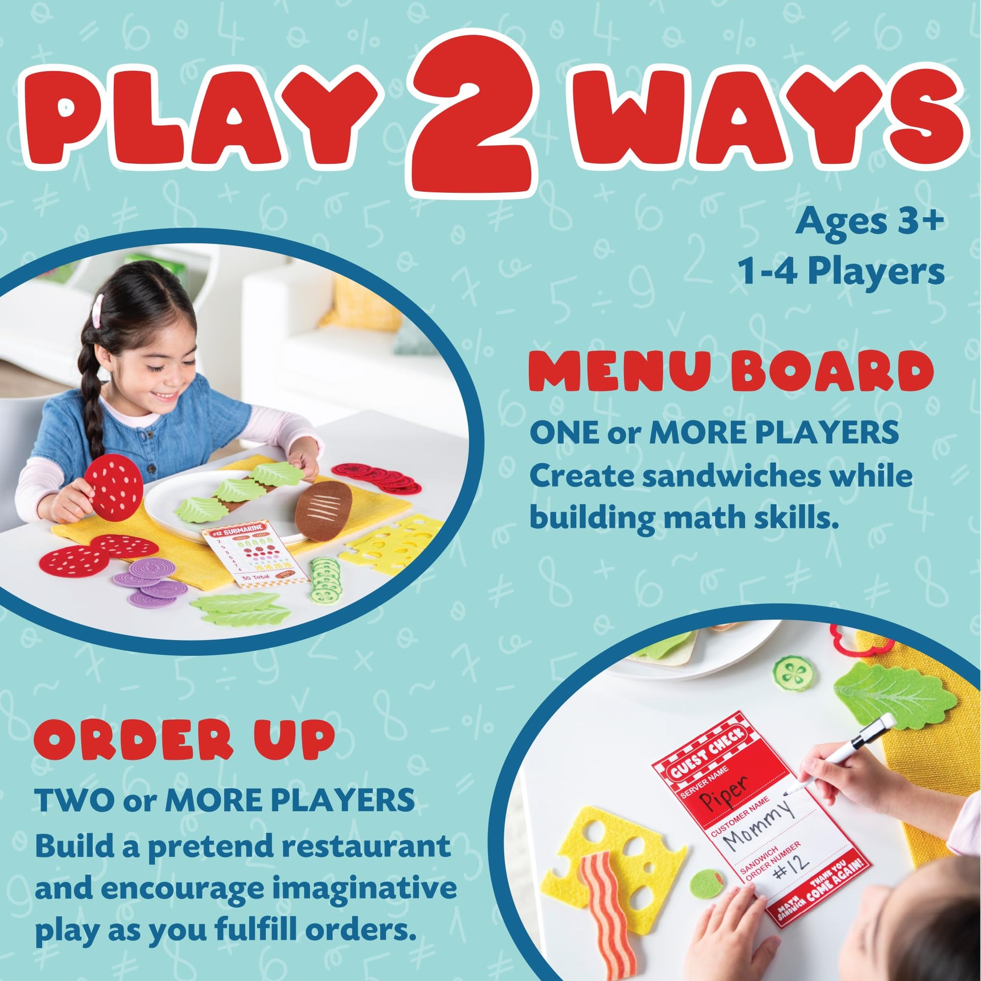 Peaceable Kingdom Math Sandwich Game: Preschool Math Games for Kids Ages 3 and Up - Includes 100+ Felt Food Pieces, 10 Menu Cards, Dry Erase Marker
