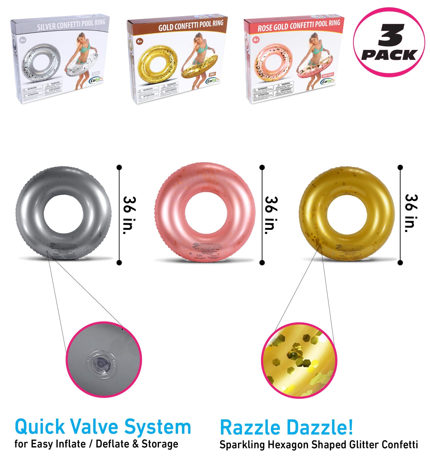 Mozlly Silver, Gold, and Rose Gold Inflatable Pool Floats Tube Set of 3 - Premium Fun Confetti Swim Rings Toys, Adult and Kids Pool Float Water Tubes