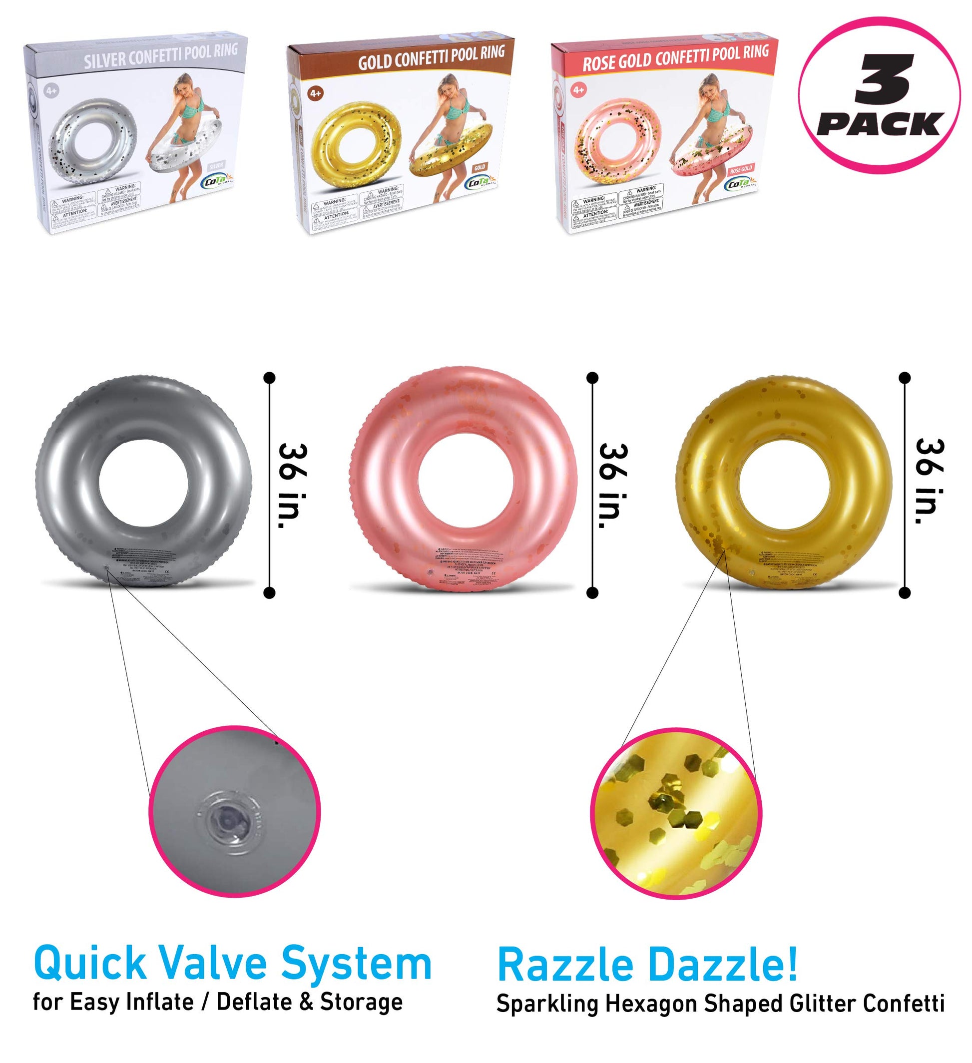 Mozlly Silver, Gold, and Rose Gold Inflatable Pool Floats Tube Set of 3 - Premium Fun Confetti Swim Rings Toys, Adult and Kids Pool Float Water Tubes