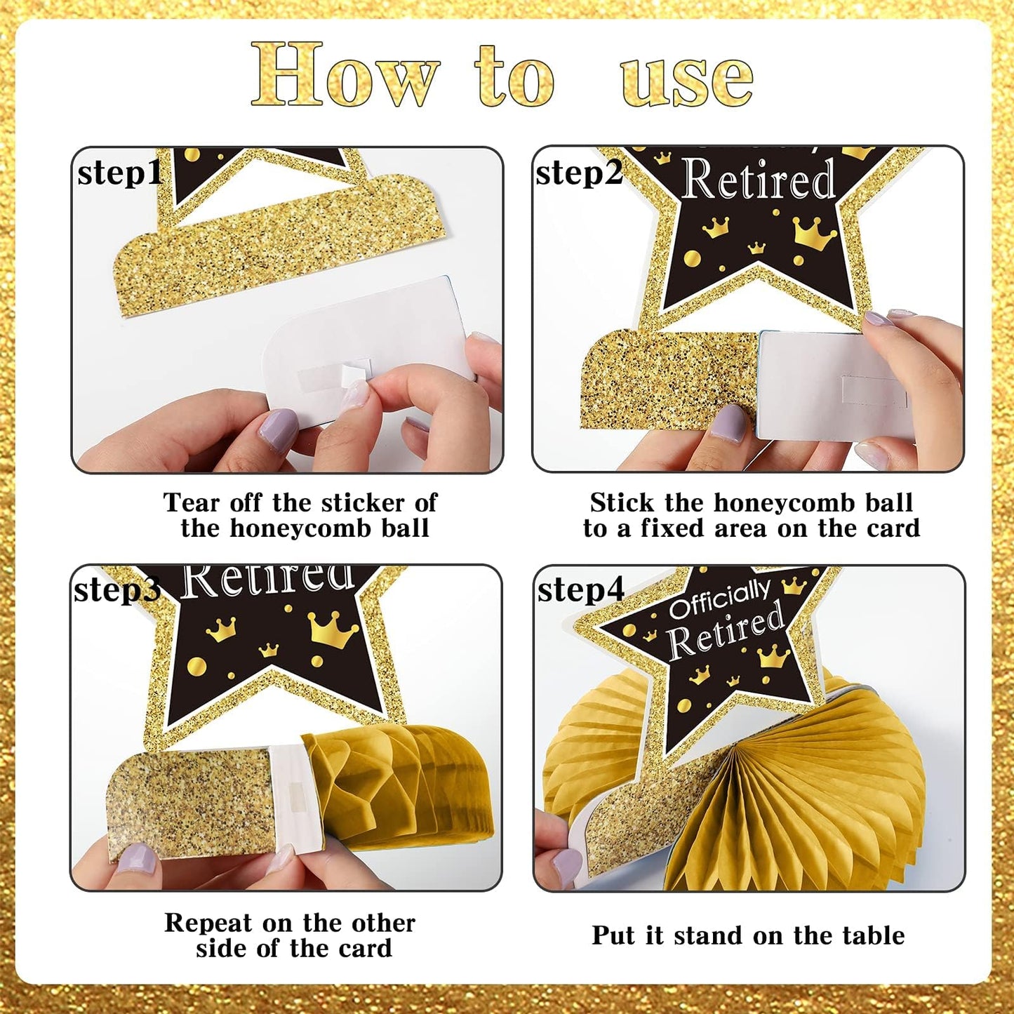 9PCS Retirement Party Decorations Gold Retirement Party Centerpiece Honeycomb Glitter Table Decorations Toppers for Happy Retirement Party Supplies