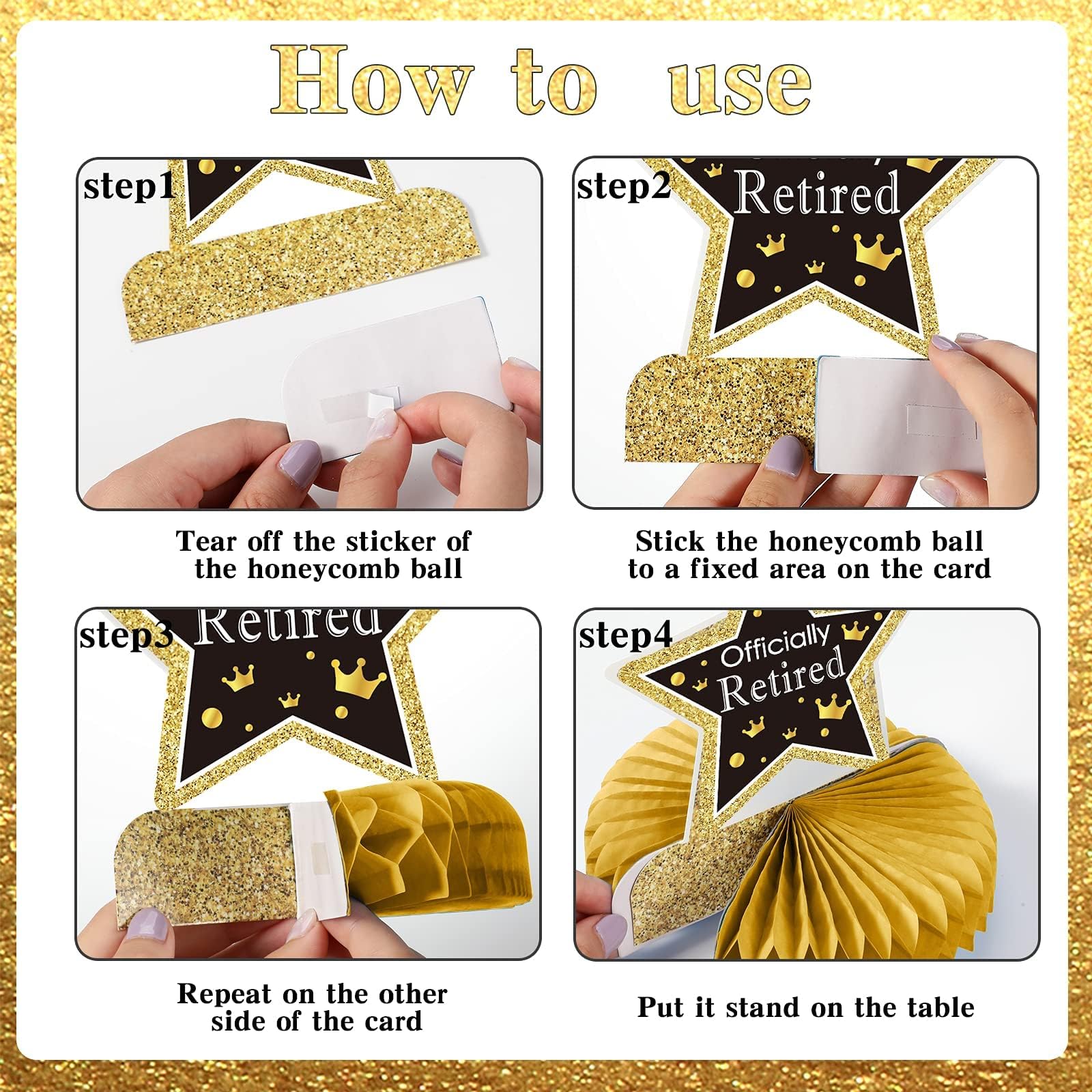 9PCS Retirement Party Decorations Gold Retirement Party Centerpiece Honeycomb Glitter Table Decorations Toppers for Happy Retirement Party Supplies
