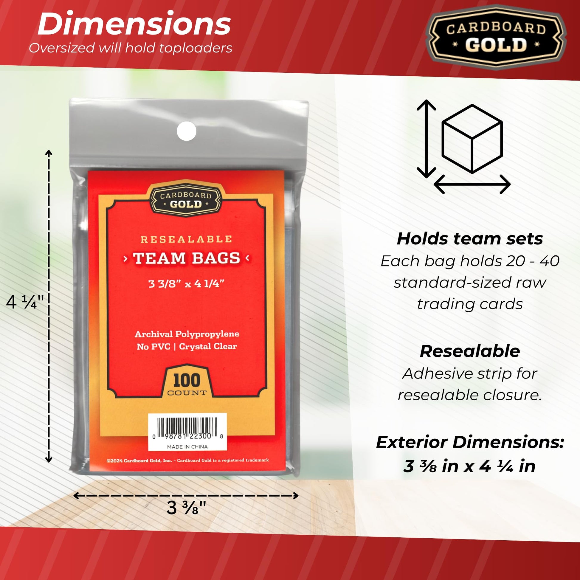 Cardboard Gold Resealable Sports Card Team Set Bags - 1000 Pcs Team Bags for Trading Cards - Non-PVC, Crystal Clear 2 Mil Polypropylene - Holds
