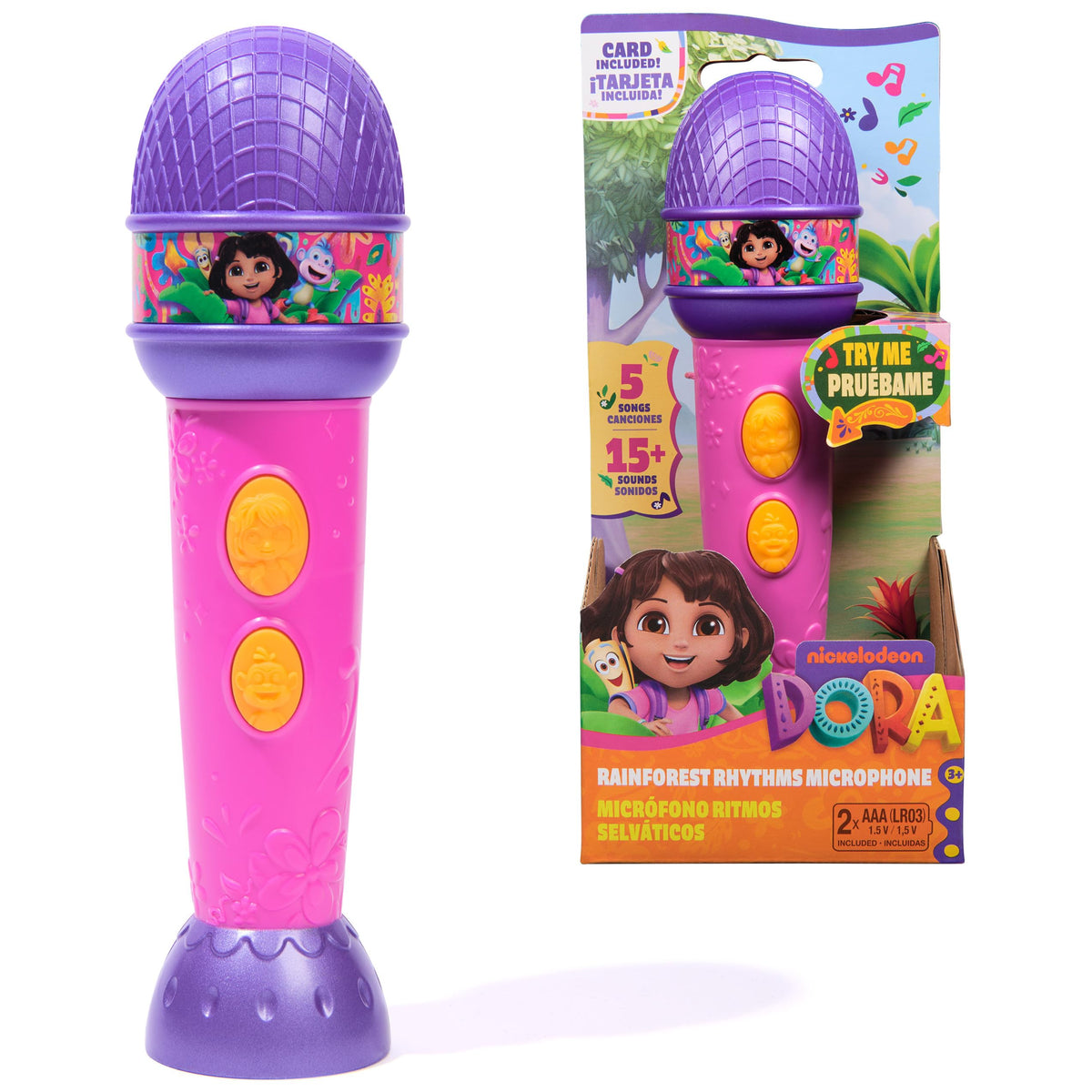 Dora, Rainforest Rhythms Microphone with Music, Sound Fx & Bilingual Phrases, Kids Toys for Girls & Boys Ages 3 and Up