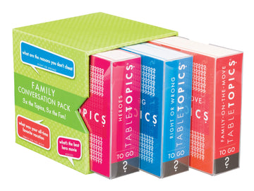 TableTopics Family Conversation Pack for Parent Child Connection, 120 Engaging Question Cards for Dinnertime, Car Rides, & Classrooms, Boxed Set of 3