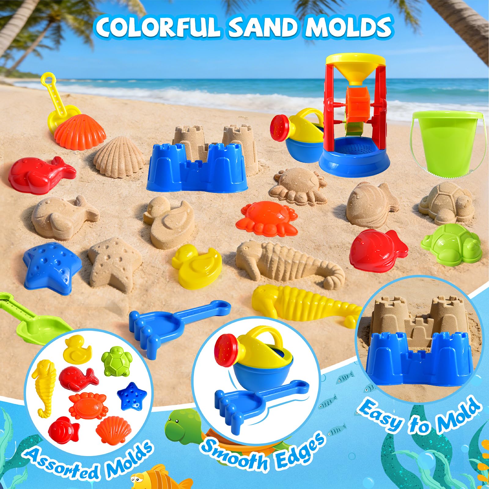 Beach Toys, 19 Piece Sand Toys Set Kids Sandbox Toys Includes Water Wheel Beach Tool Kit Bucket Watering Can Molds with Mesh Bag for Kids Ages 3-13