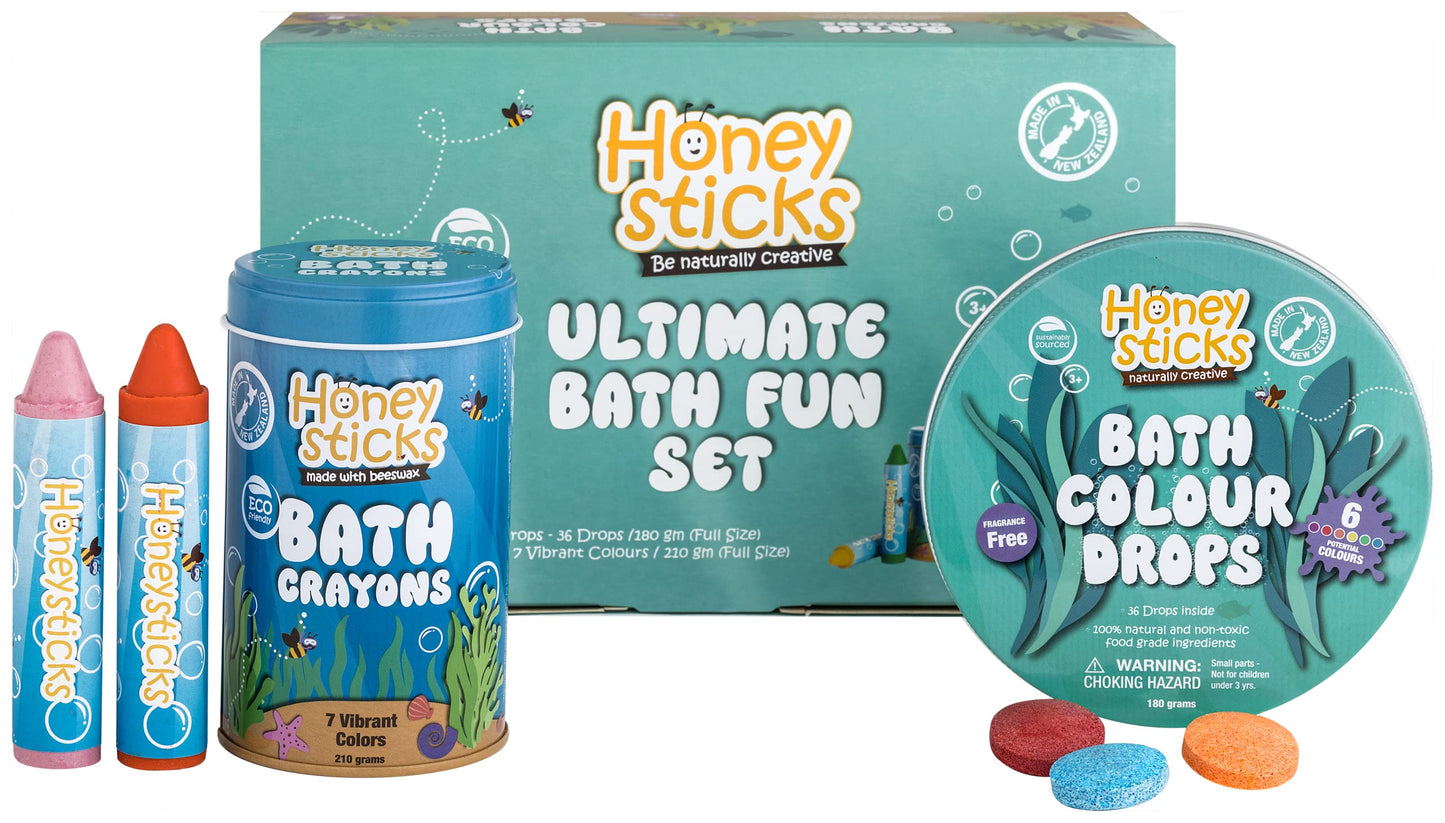 Honeysticks Ultimate Bath Fun Set - Non Toxic Bath Crayons (7 Pack) and Bath Color Tablets (36 Drops) for Hours of Creative Bathtub Fun - Natural