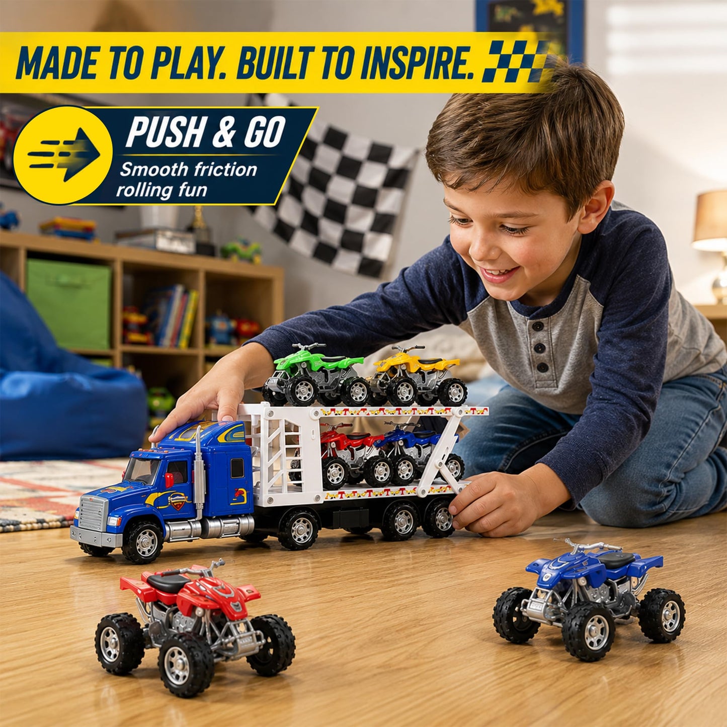 Liberty Imports Auto Hauler Big Rig Toy Semi Truck Car Carrier Transporter Trailer 1:48 Scale Friction Powered Wheeler Vehicle with 4 ATVs Dirt Bike