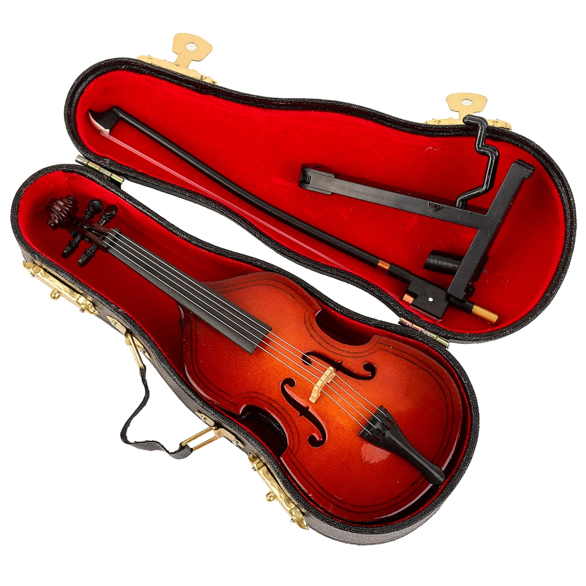Dselvgvu Wooden Miniature Double Bass with Stand,Bow and Case Mini Contrabass Replica Mini Musical Instrument Collectible Miniature Dollhouse Model