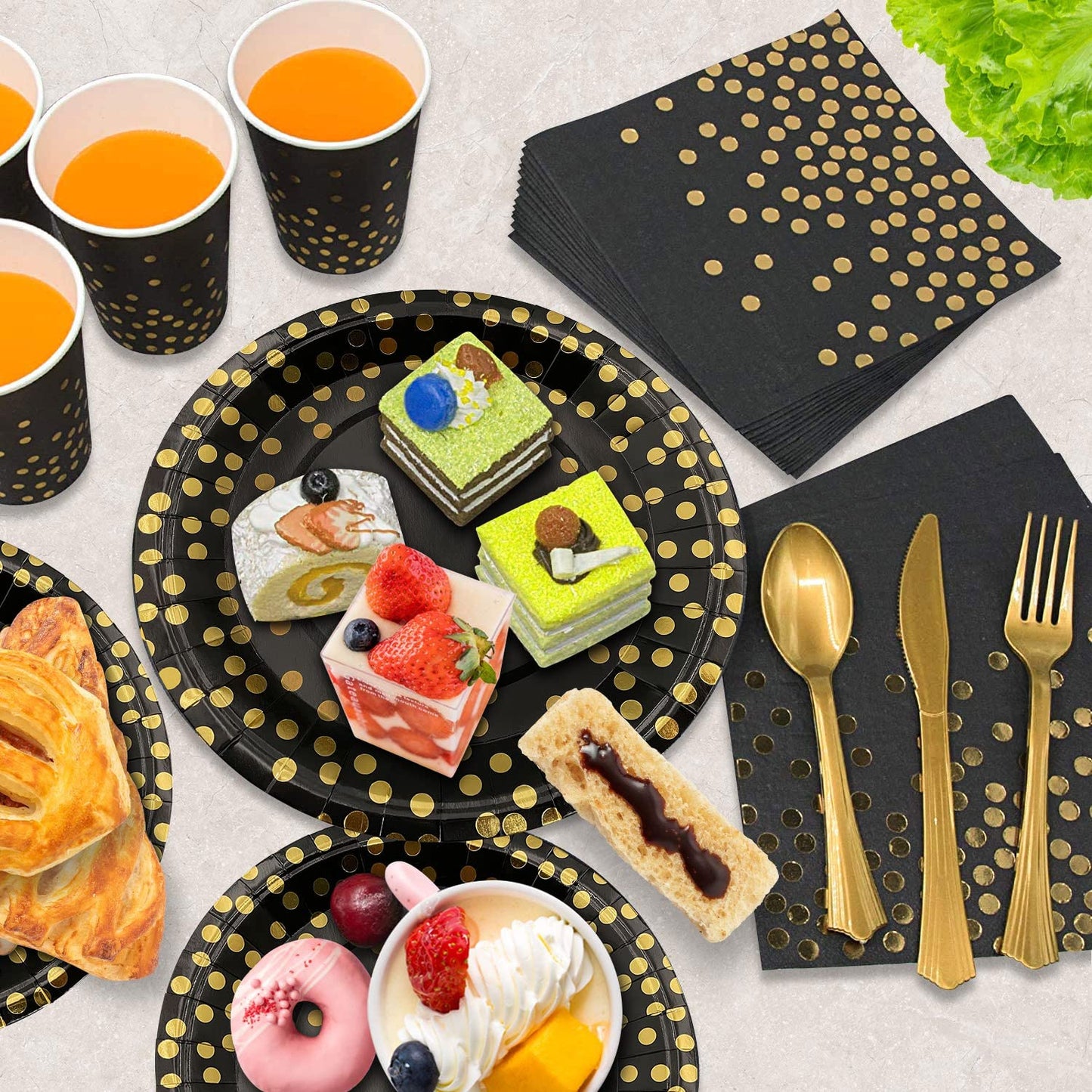 AIRE Black Gold Paper Plates Set, 175PCS Disposable Dinnerware Serves 25