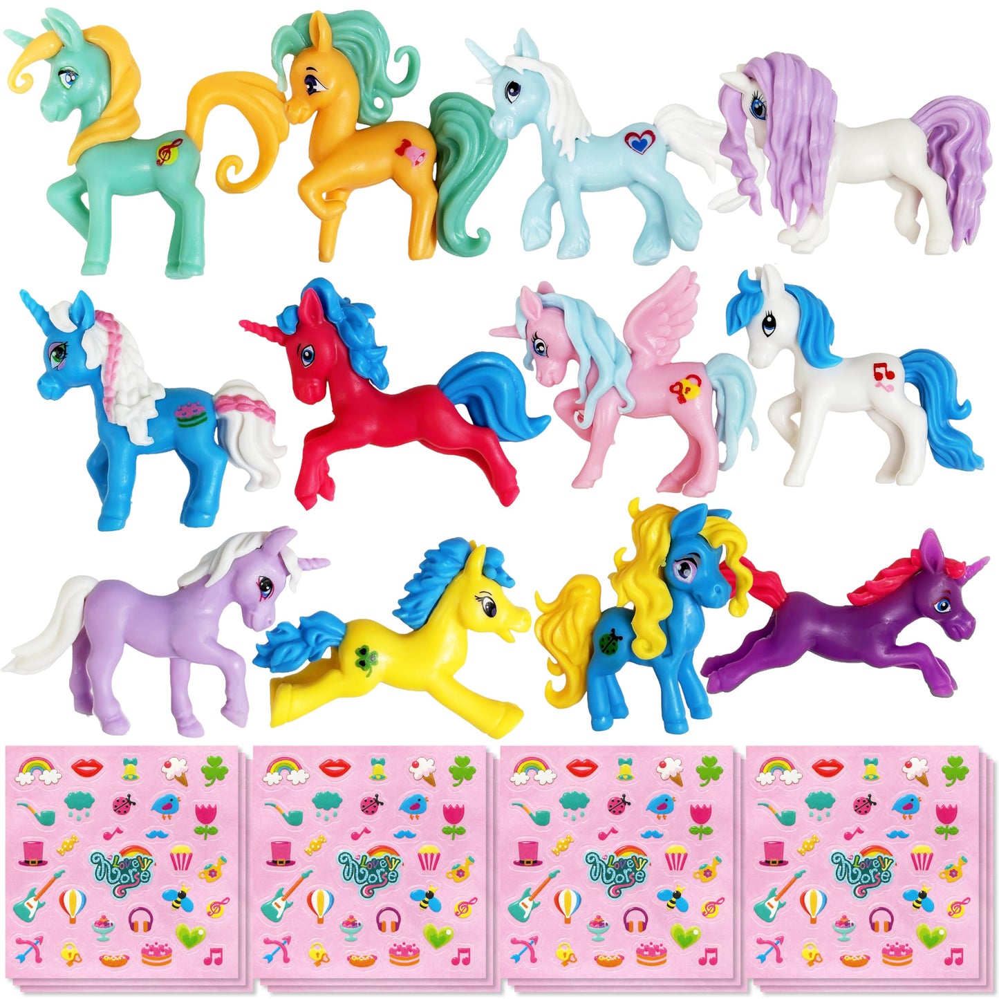 GIFTEXPRESS® 12 pcs Individual Packed Magical Unicorn Ponys Unicorns Figure and Unicorn Stickers Sheets for Girls Birthday Party, Valentine's Day