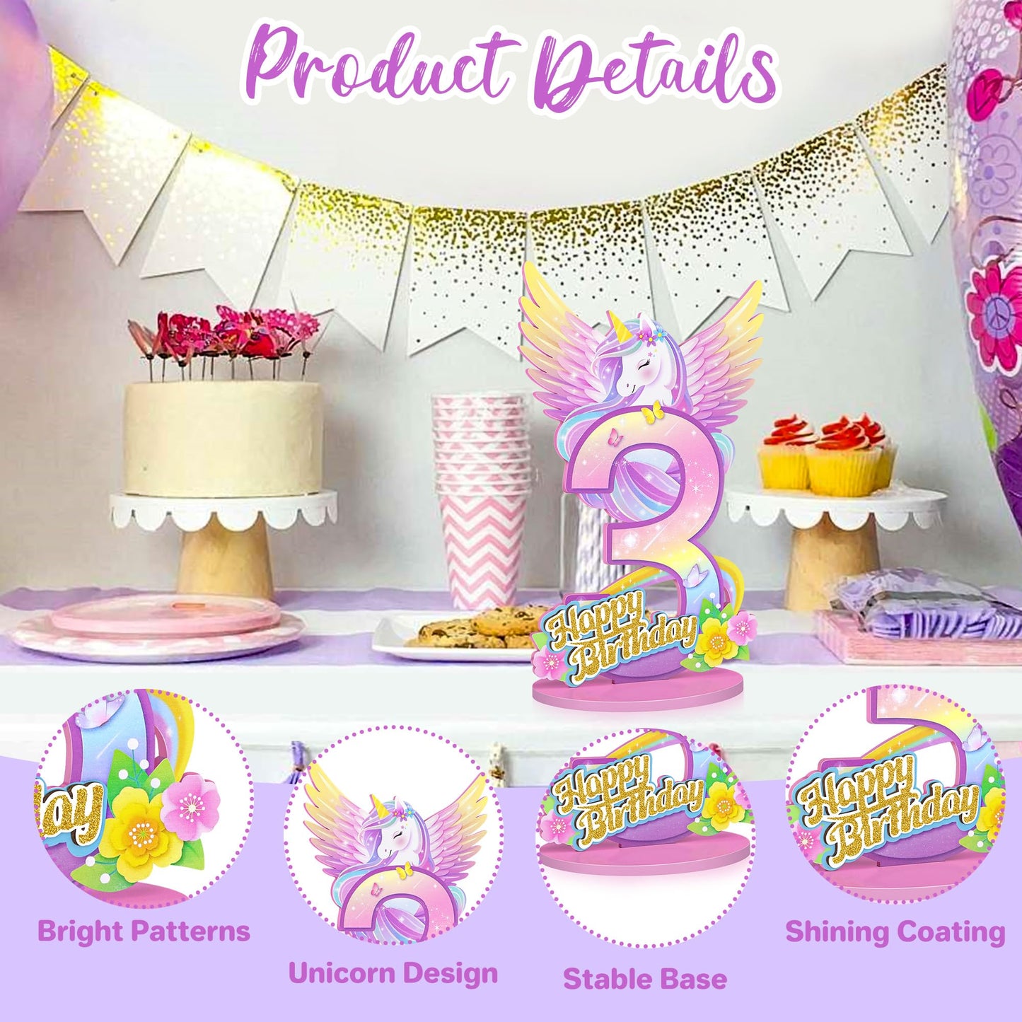 Unicorn Birthday Decorations Wooden Unicorn Number 3 Sign Table Centerpiece