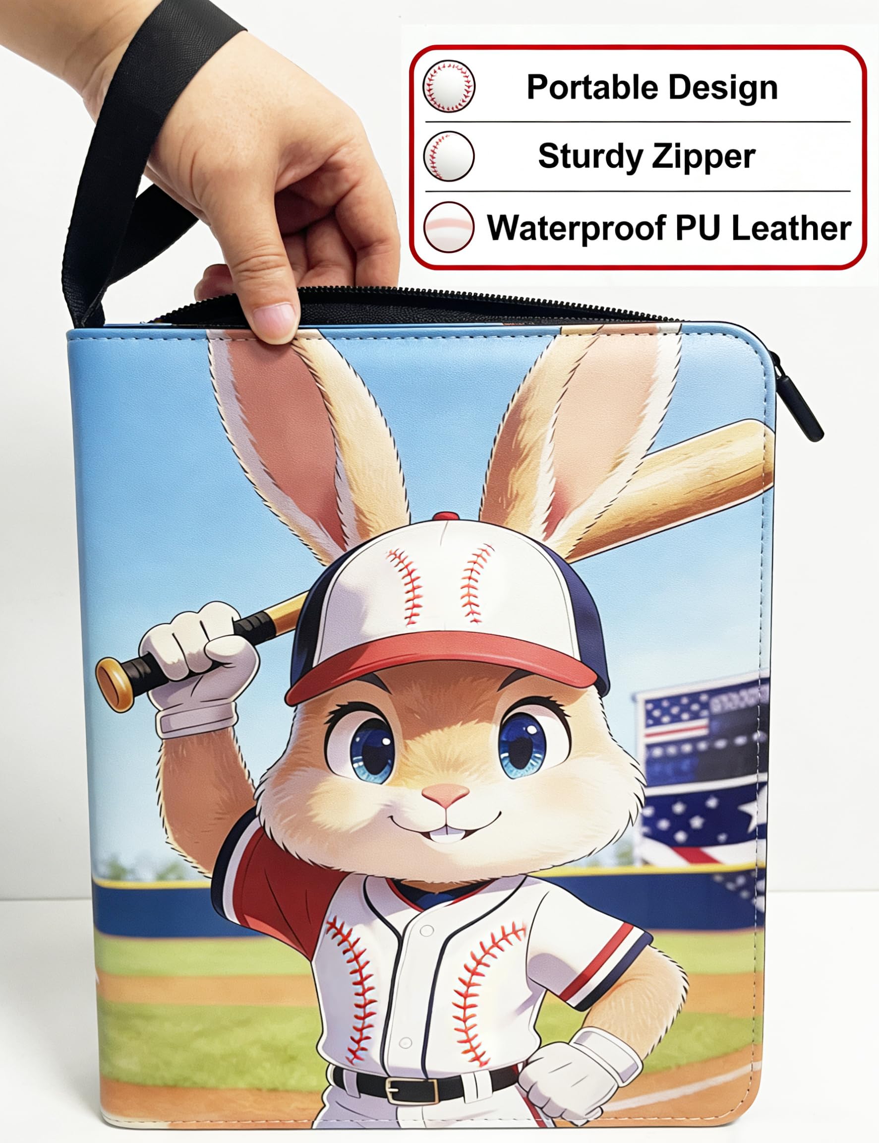 BPQWLF 9-Pocket Trading Card Binder 900 Pockets, Cute Bunny Cartoon PU Leather Card Album with 50 Removable Sleeves for Sports/Baseball