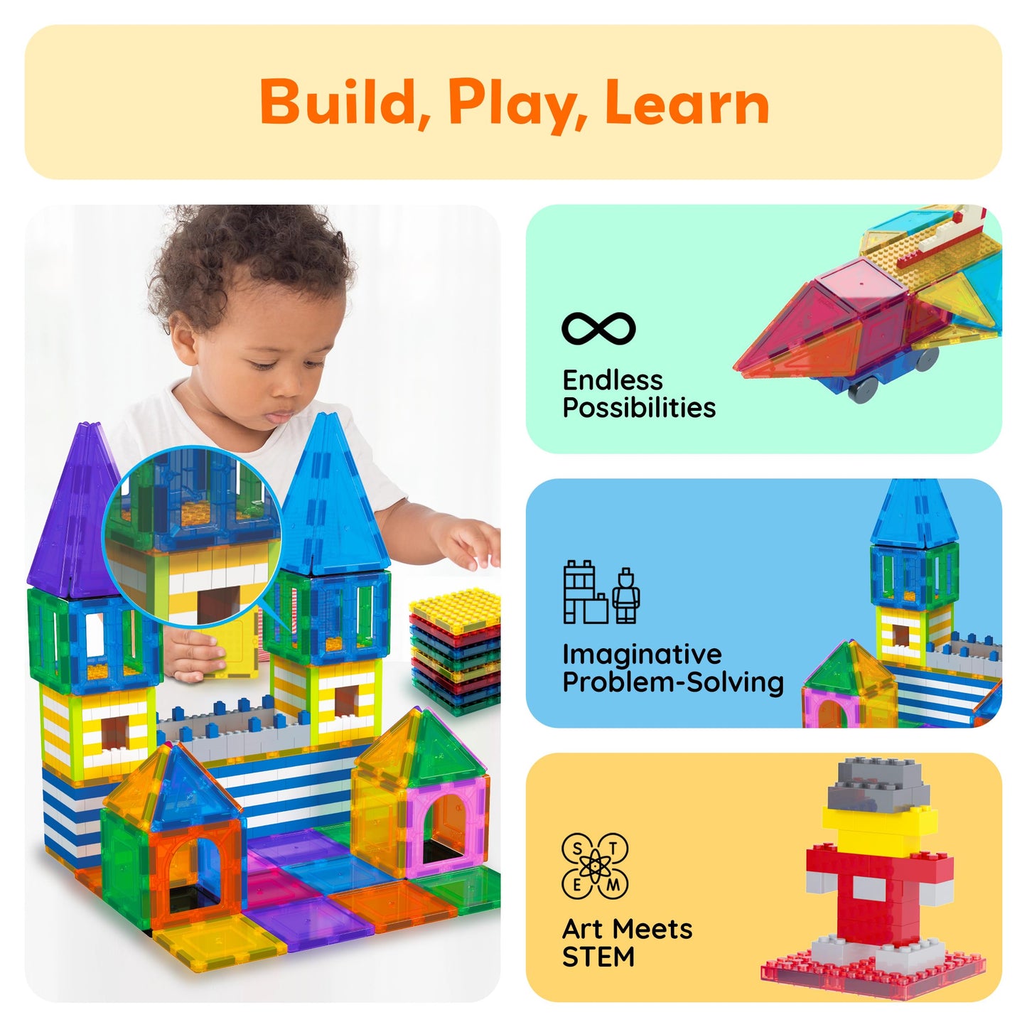 PicassoTiles Magnetic Building Blocks Brick Tiles STEM Creative Magnet Tiles Add Ons Set Construction Toy Socket Spikes Accessory Toys Educational
