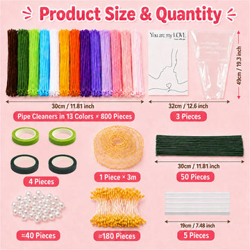 OkayRose 800 PCS Pipe Cleaners Craft, Pipe Cleaner Flower Kit with 13 Colors Chenille Stems, DIY Art and Craft Supplies for Kids & Adults, Colorful