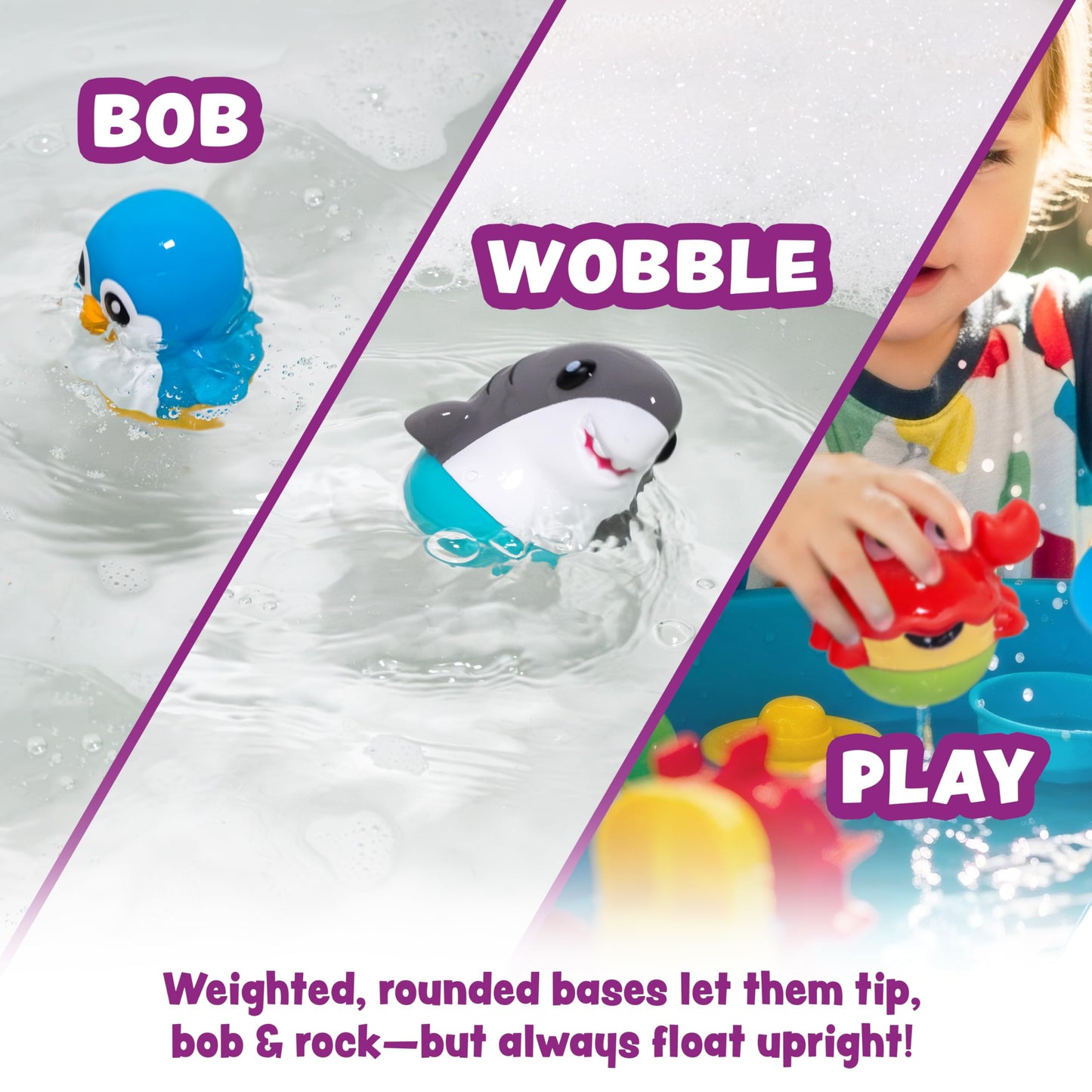 Tub Works® Tub Bobbers™ Bob, Wobble & Float Upright Toddler Bath Toys, 6 Pack | Unique Wobbling Action | Sealed, No Hole Baby Bath Toys | Engaging