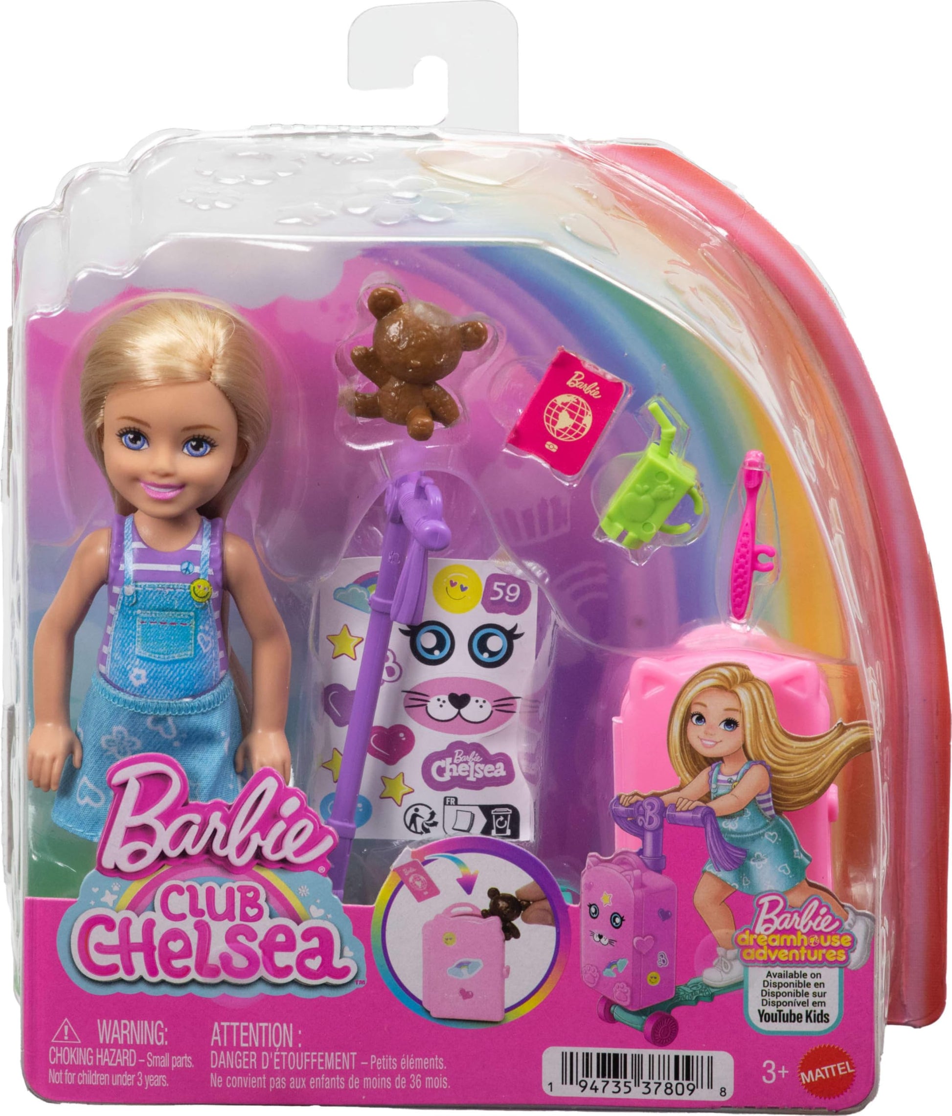 Barbie Club Chelsea Limitless Adventure Blonde Doll, Rolling Scooter-Suitcase and Travel-Themed Accessories