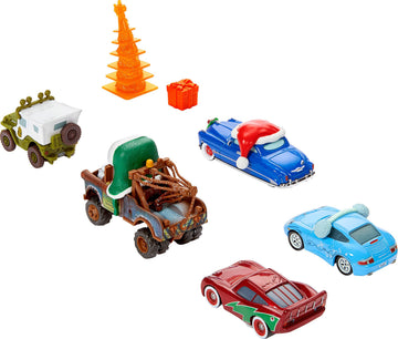 Mattel Disney and Pixar Cars Toy Multipack, Set of 5 Winter-Themed Vehicles Including a Holiday Hotshot Lightning McQueen & 2 Plastic Accessories