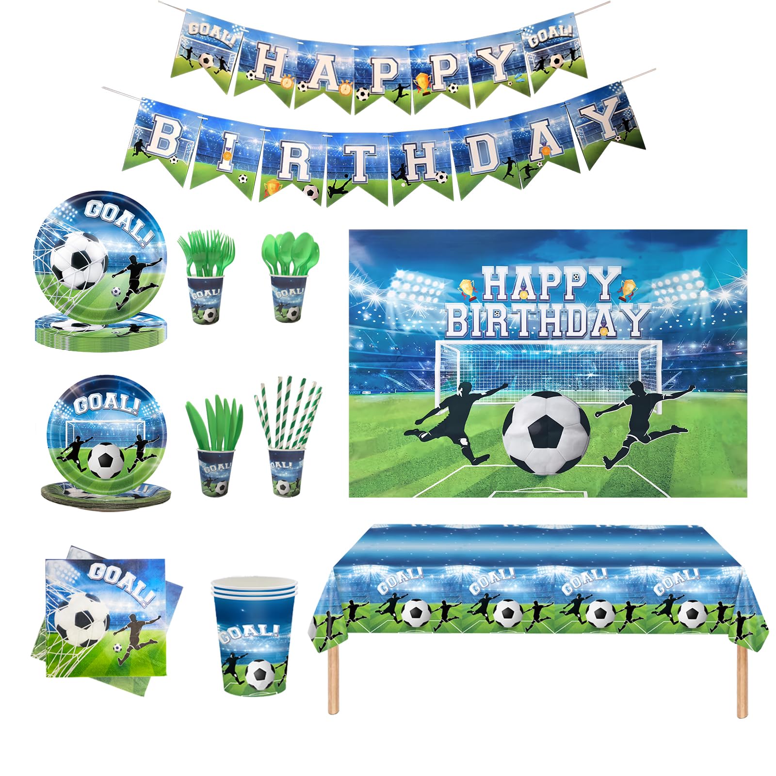 Soccer Birthday Party Supplies Set 93 PCS, Football Theme Decorations with , Cups, Napkins, Tablecloth, Banner & Backdrop, Eco-Friendly Disposable