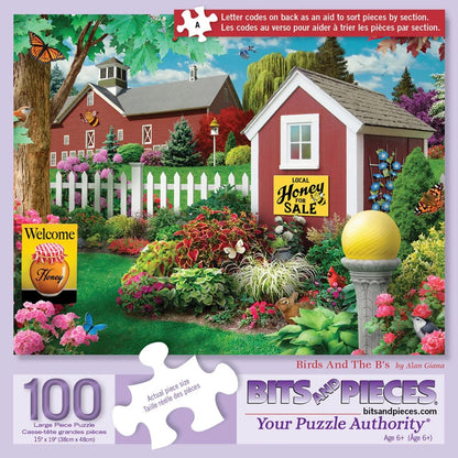 Bits and Pieces 100 Piece Puzzles for Adults - Birds and The B's - 100 Extra Large Pieces 15" x 19" Jigsaw Puzzles, Flowers Farm Spring, No 2 Pieces