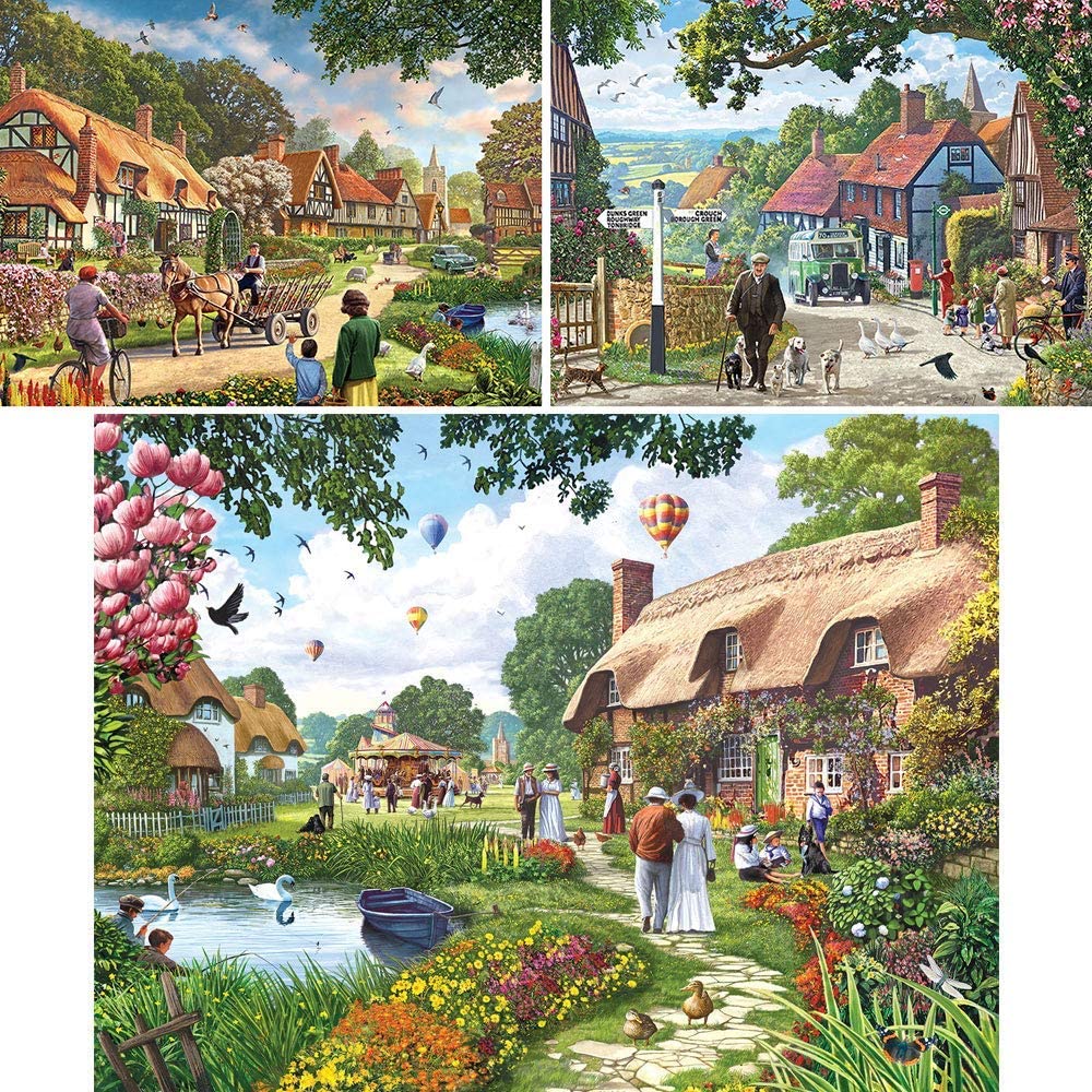 Bits and Pieces - Value Set of Three Large 300 Piece Jigsaw Puzzles for Adults - Village Life Jigsaw Puzzles by Artist Steve Crisp, Completed Puzzle