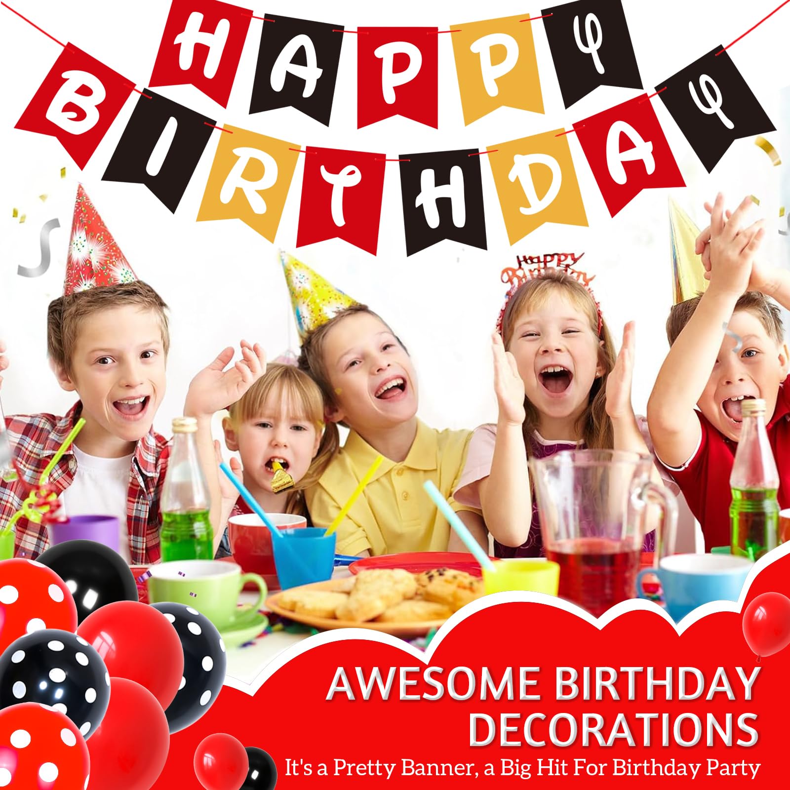 Happy Birthday Banner Red Black and Yellow Birthdays Sign for Boy Girls Birthday Party Decorations