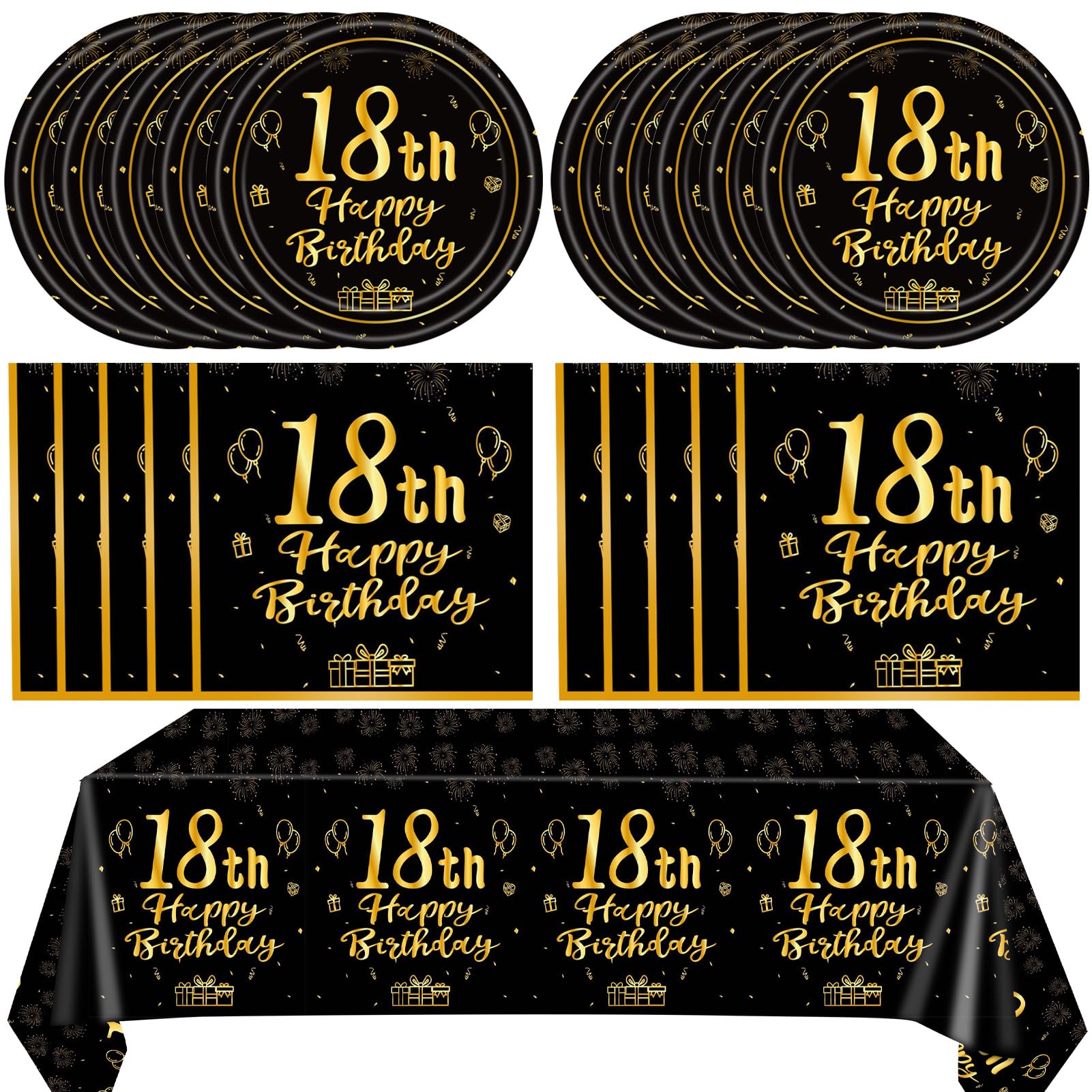 41PCS Happy 18th Birthday Decrations for Boys Girls Black Gold Themed Disposable Tableware Decor Includeing Plates Napkins Tablecloth for Eighteen