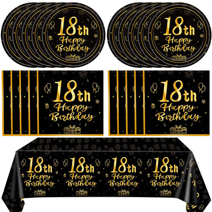 41PCS Happy 18th Birthday Decrations for Boys Girls Black Gold Themed Disposable Tableware Decor Includeing Plates Napkins Tablecloth for Eighteen