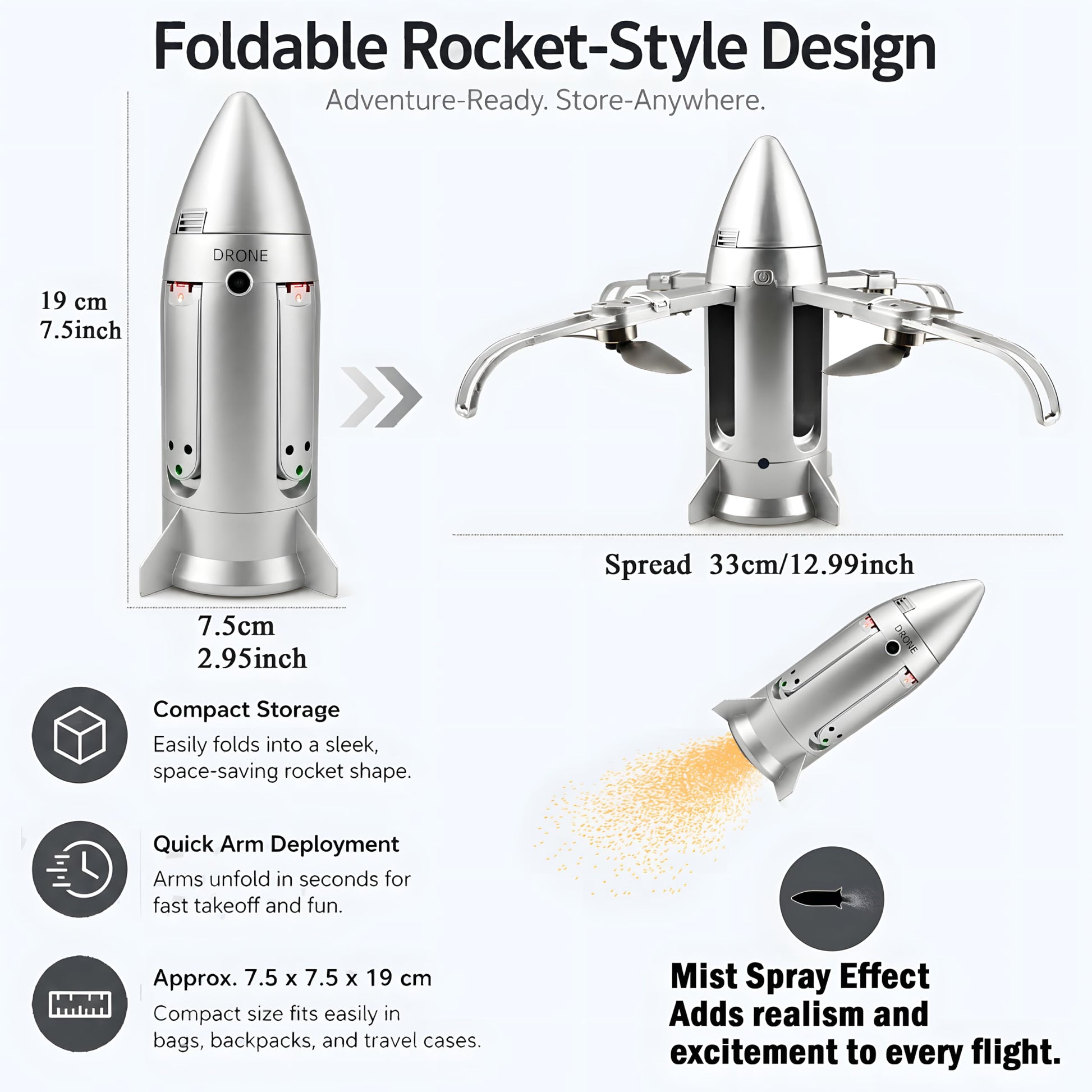 HTURCCOP Remote Control Rocket Drone for Kids, Foldable RC Aircraft Toy with Mist Spray, 2.4GHz Easy Flying Toy with 2 Rechargeable Batteries, Outdoor