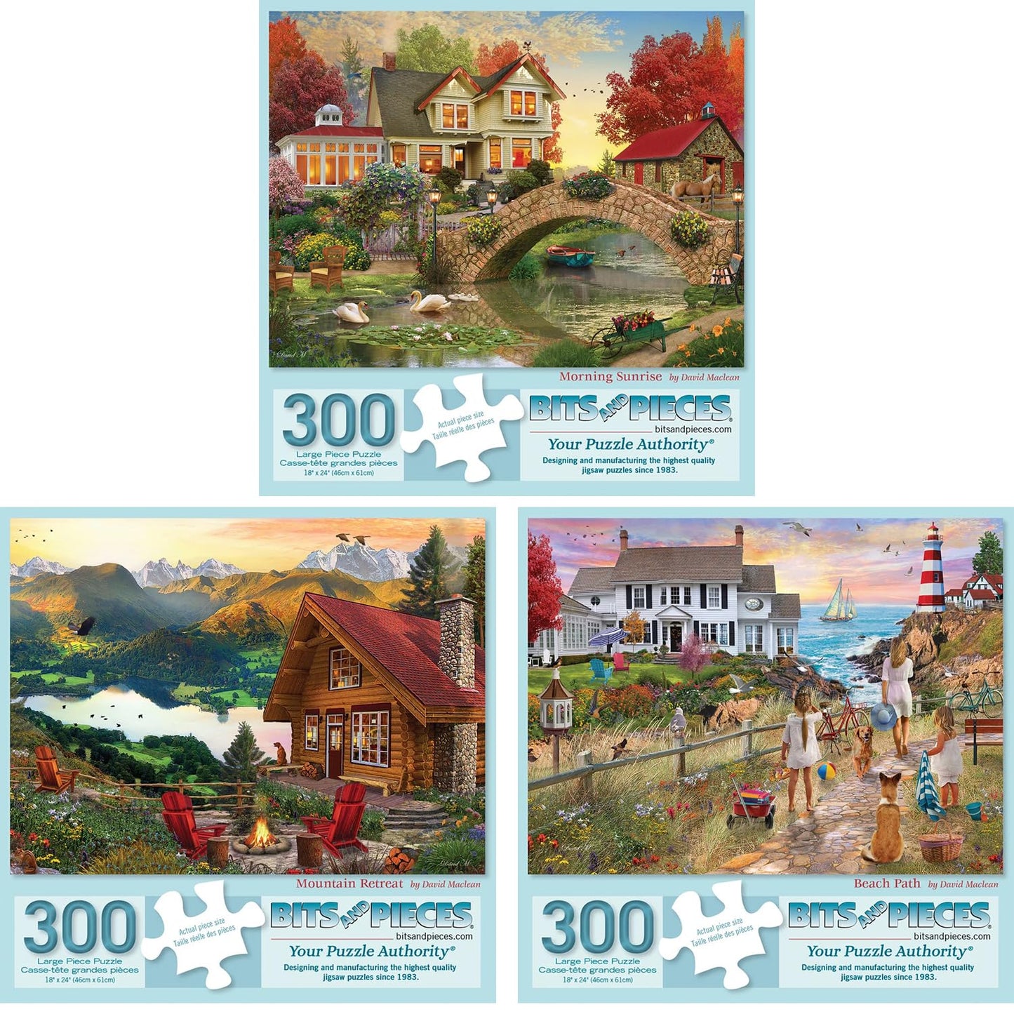 Bits and Pieces 3 Jigsaw Puzzle Set - 300 Piece Puzzles for Adults - Ocean Lake River Set - 16" x 20" Jigsaw Puzzles - Small Town Americana Nature