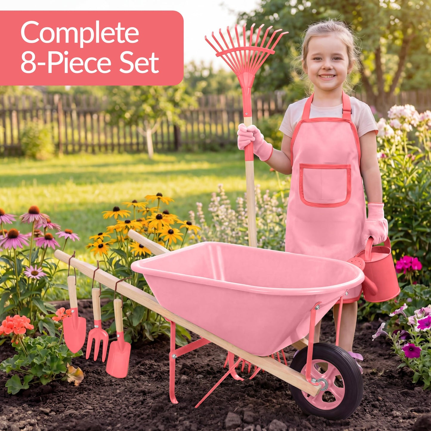 Best Choice Products Kids Wheelbarrow and Gardening Tool Set 8 Piece with Metal Tools, Watering Can, Apron and Gloves, Child Garden Play Set