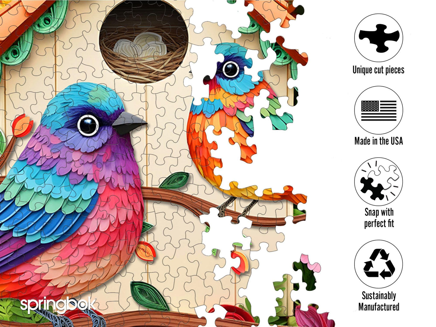 Springbok Blooming Birds 1000 Piece Jigsaw Puzzle for Adults - Poster Now Included - Colorful Bird House - Unique Cut Pieces - Made in USA