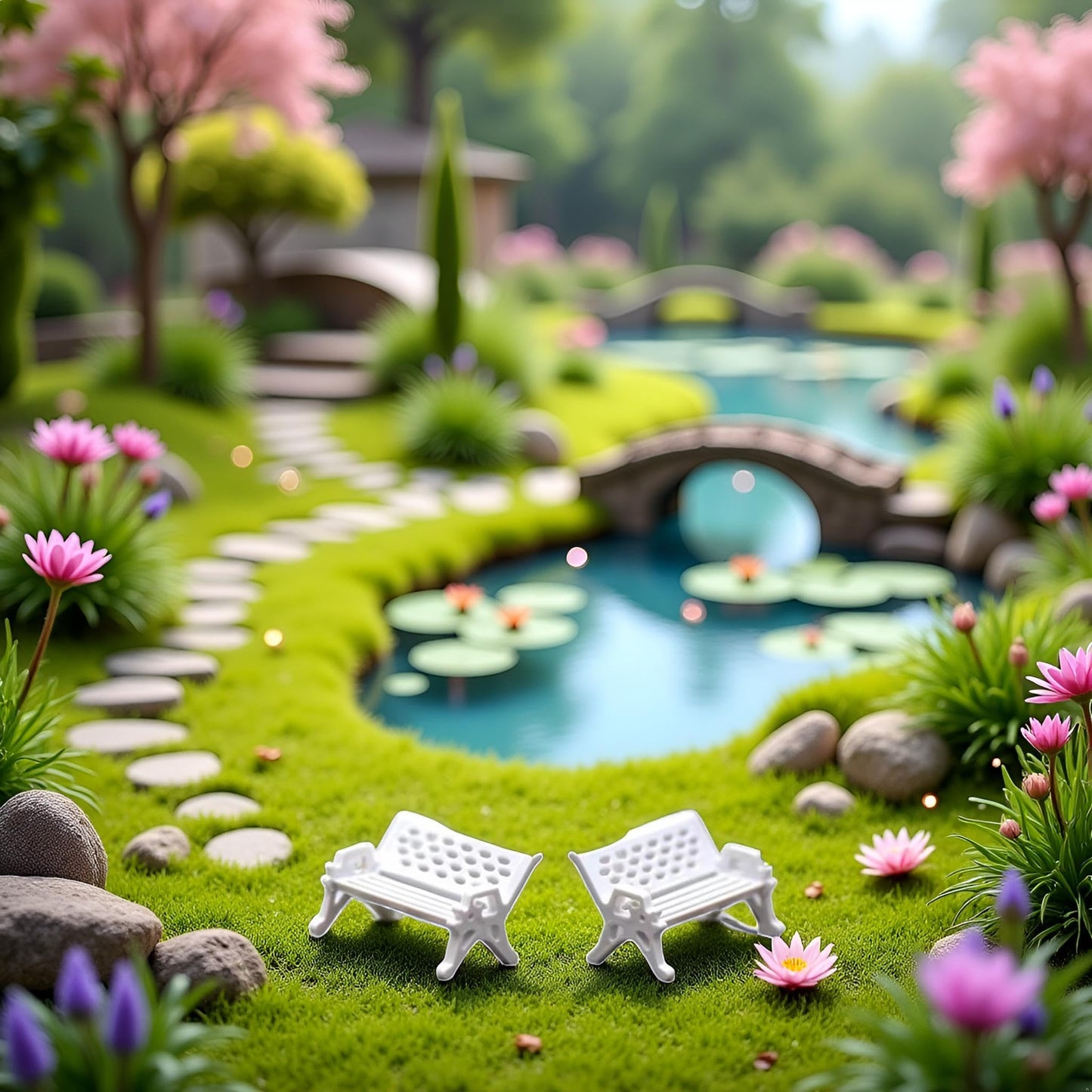 2 Pcs White, Mini Garden Ornaments,Miniature Park Bench Set, Park Street Seats Chairs Kit for Dollhouse Decor, Miniature Bench Fairy Decorations
