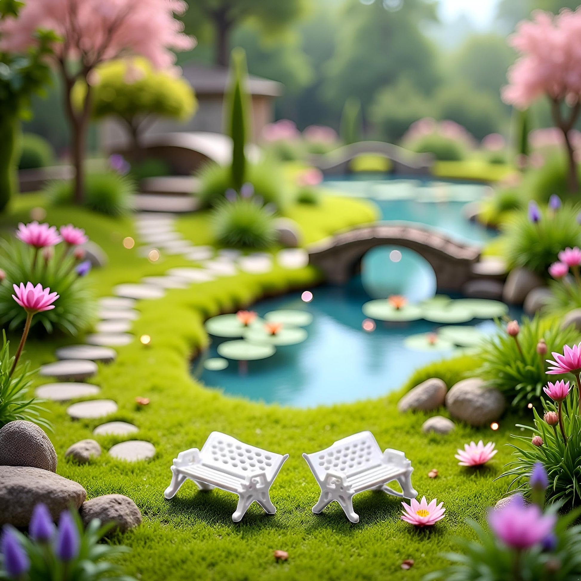 2 Pcs White, Mini Garden Ornaments,Miniature Park Bench Set, Park Street Seats Chairs Kit for Dollhouse Decor, Miniature Bench Fairy Decorations