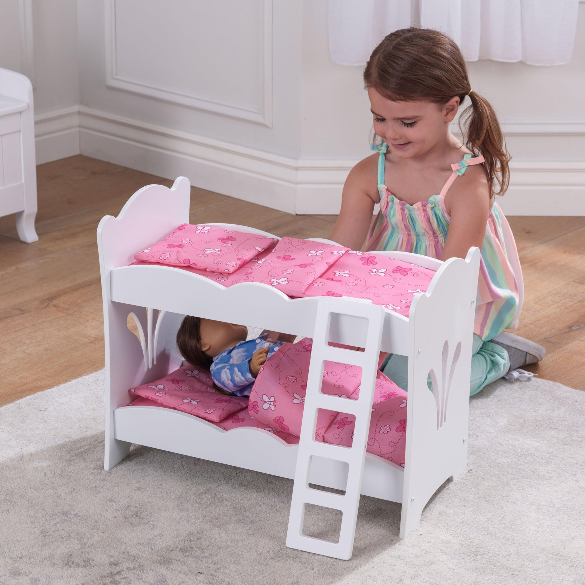 KidKraft KidKraft Wooden Lil' Doll Bunk Bed with Pink Butterfly Bedding Set, Furniture for 18-Inch Dolls - White,Gift for Ages 3+