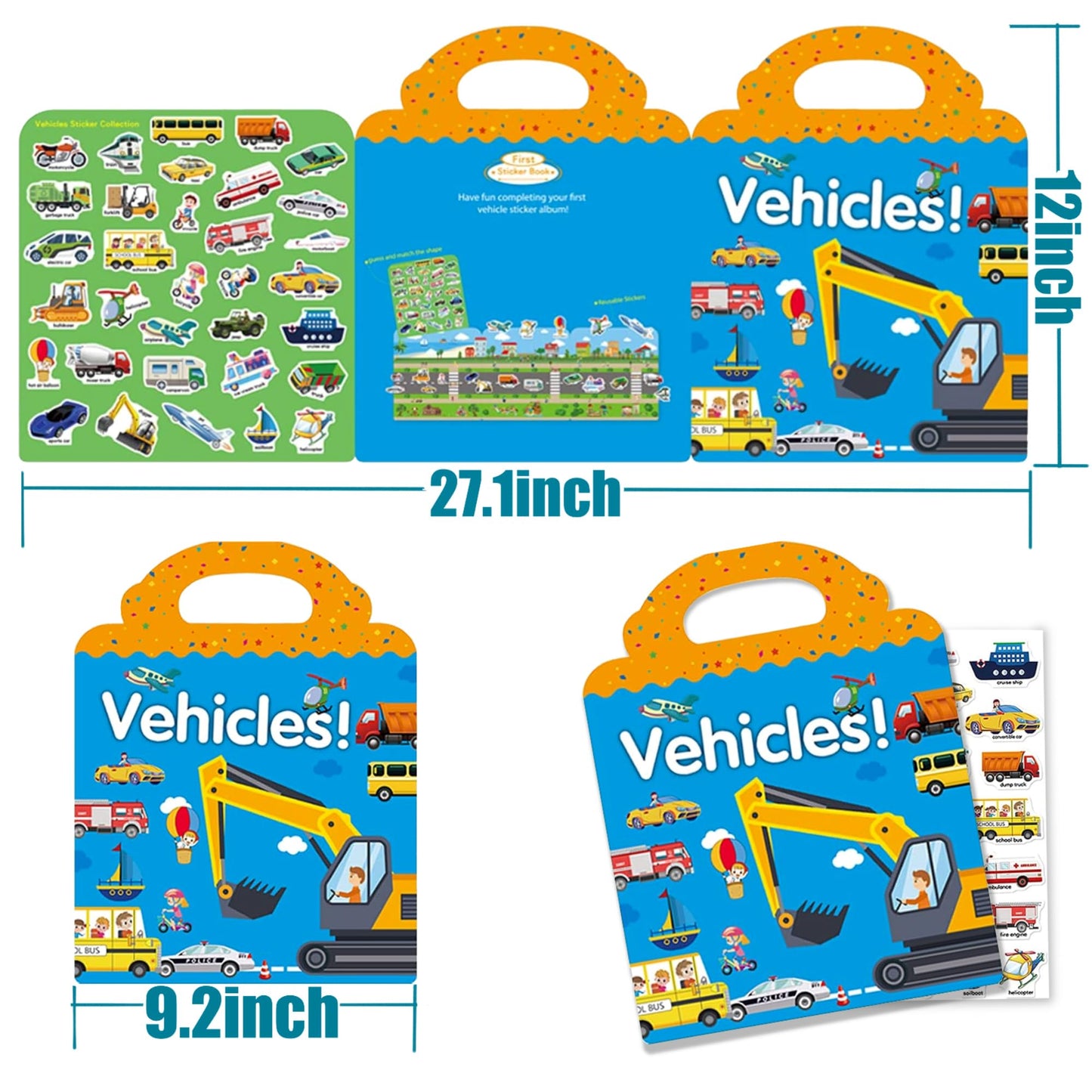 Reusable Sticker Books for Kids, Travel Removable Toddler Vehicle Sticker Books for 3 4 5 Year Old Girls Boys Birthday Gifts Educational Learning Toys