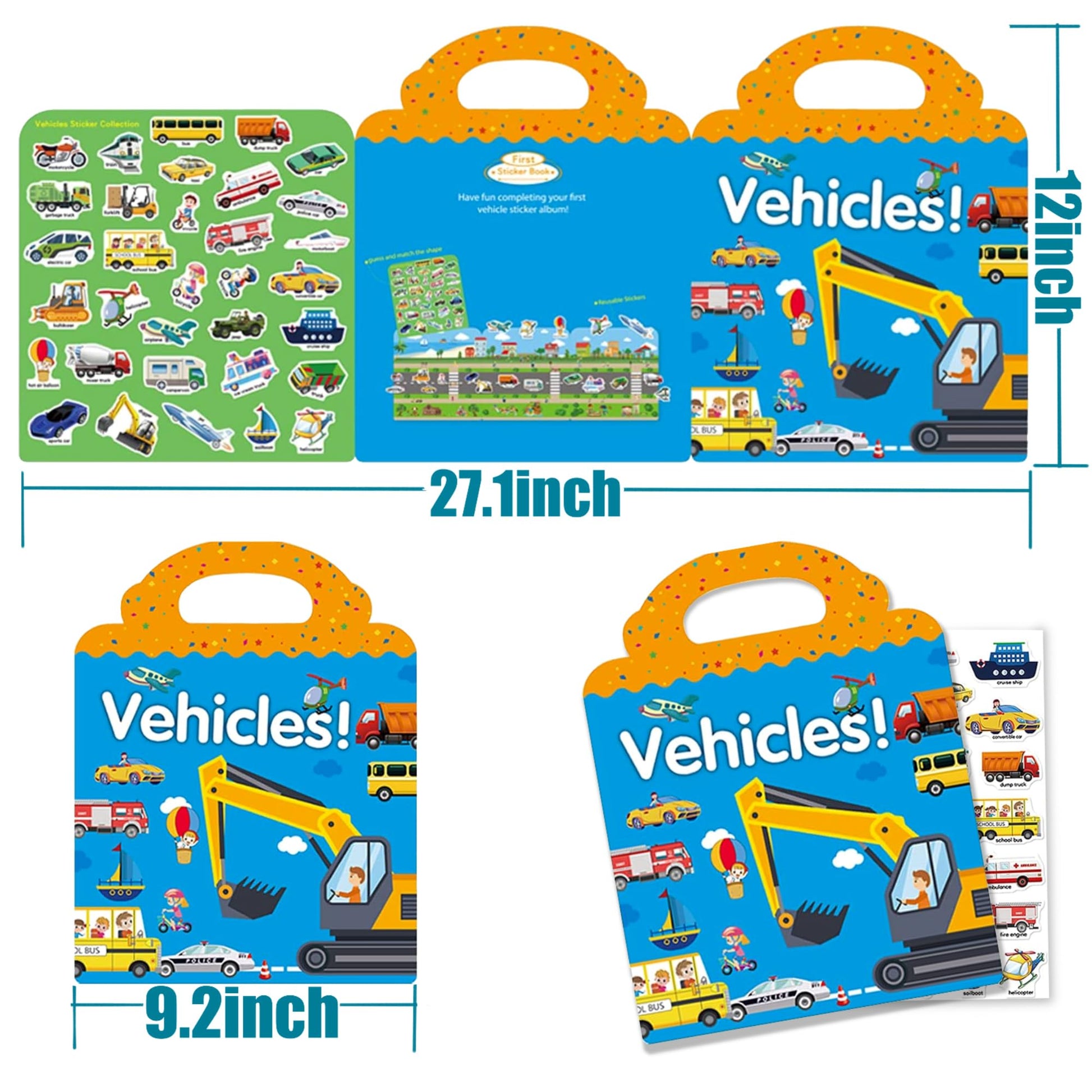 Reusable Sticker Books for Kids, Travel Removable Toddler Vehicle Sticker Books for 3 4 5 Year Old Girls Boys Birthday Gifts Educational Learning Toys