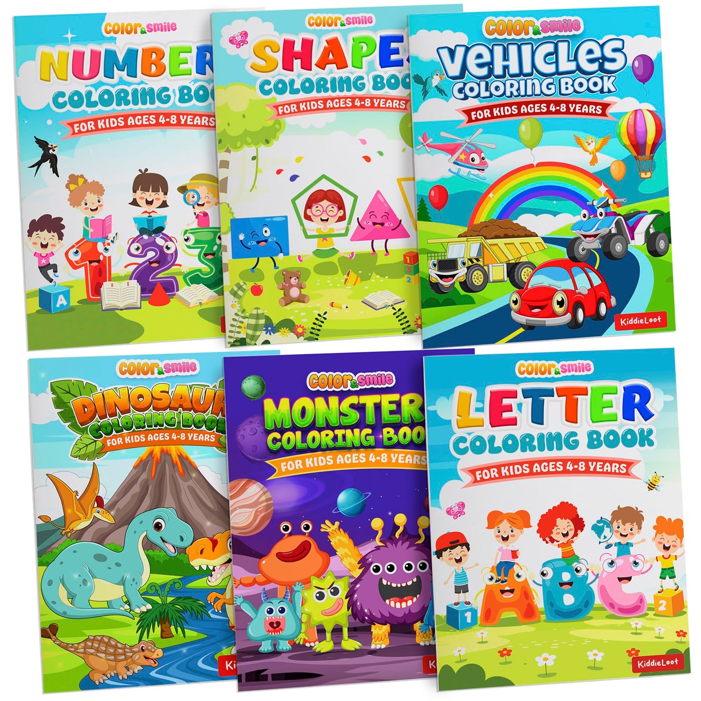 KiddieLoot Coloring Books for Kids Ages 4-8 - (Pack of 12) 8.5x11 Size Book w/Dinosaurs, Monsters, Vehicles, Alphabet, Numbers & Shapes - Kids