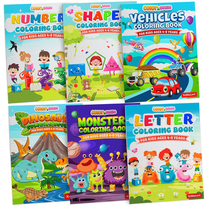 KiddieLoot Coloring Books for Kids Ages 4-8 - (Pack of 12) 8.5x11 Size Book w/Dinosaurs, Monsters, Vehicles, Alphabet, Numbers & Shapes - Kids