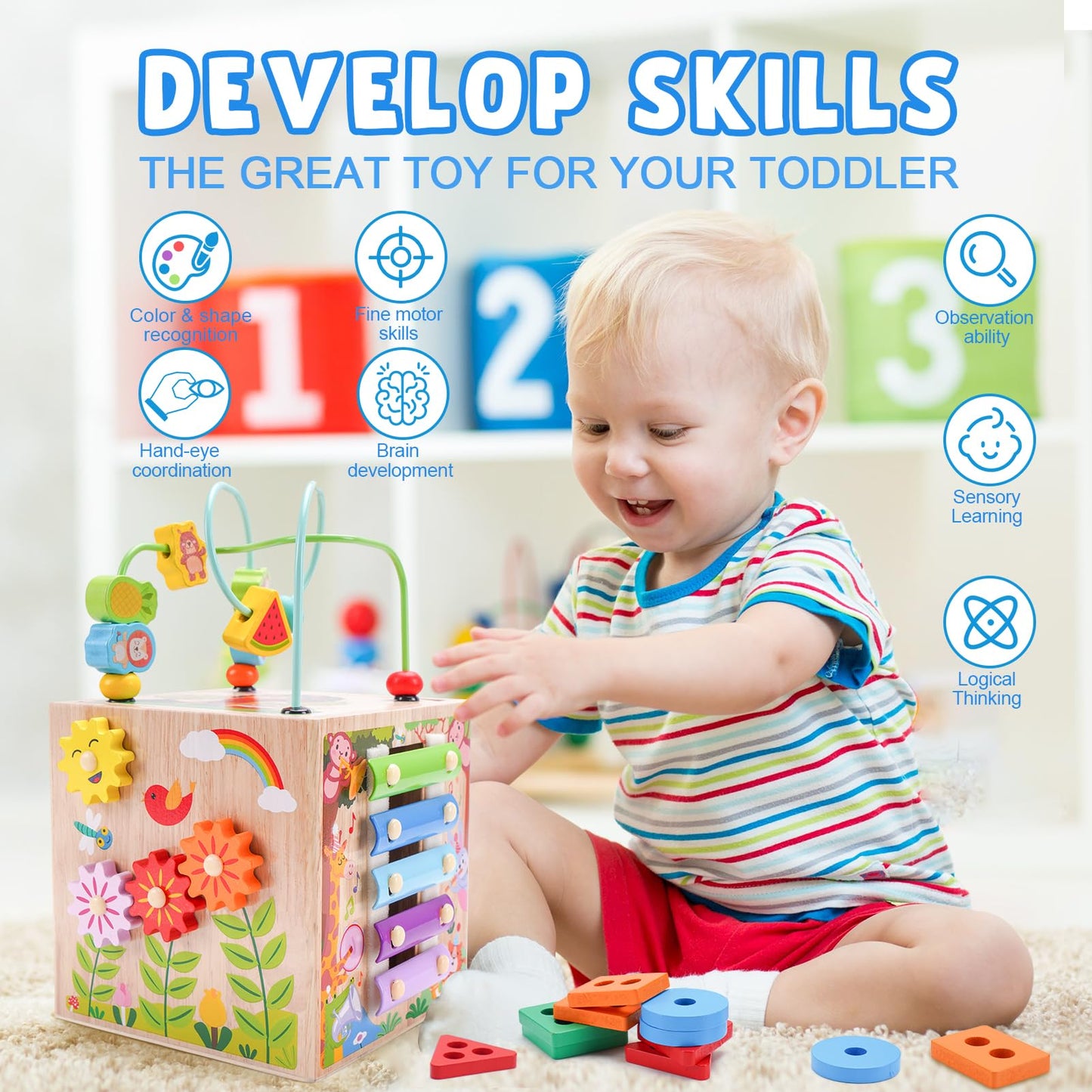 Wooden Activity Cube | Montessori Toys for 1 2 3 Year Old Toddlers | One Year Old 1st First Birthday Gift | Educational Toys for 12+ Months Baby Boys