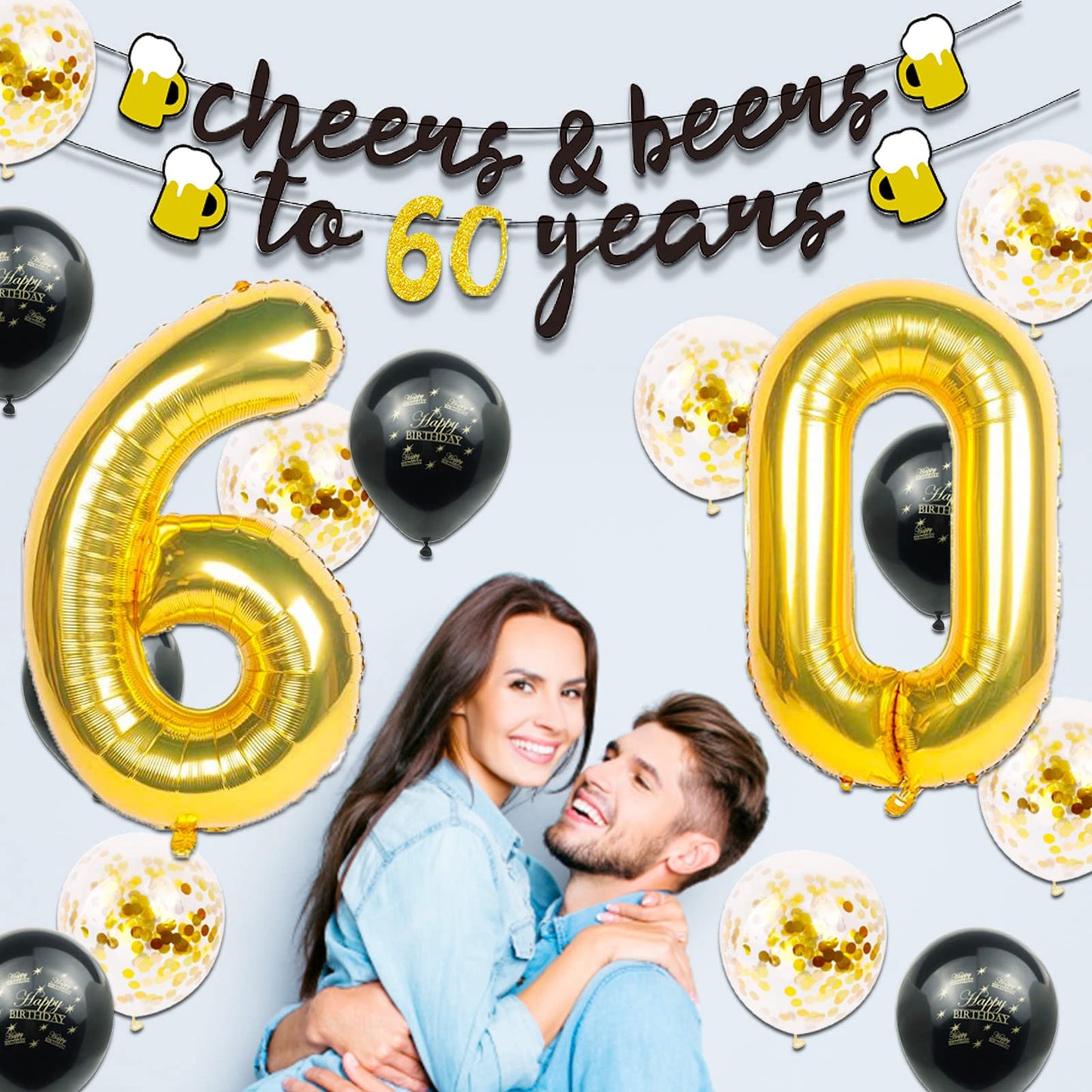 60th Birthday Decorations for Men, Happy 60th Birthday Decorations with 40 Inch Gold 60 Number Balloons, Birthday Banner, Latex Balloon, Fringe