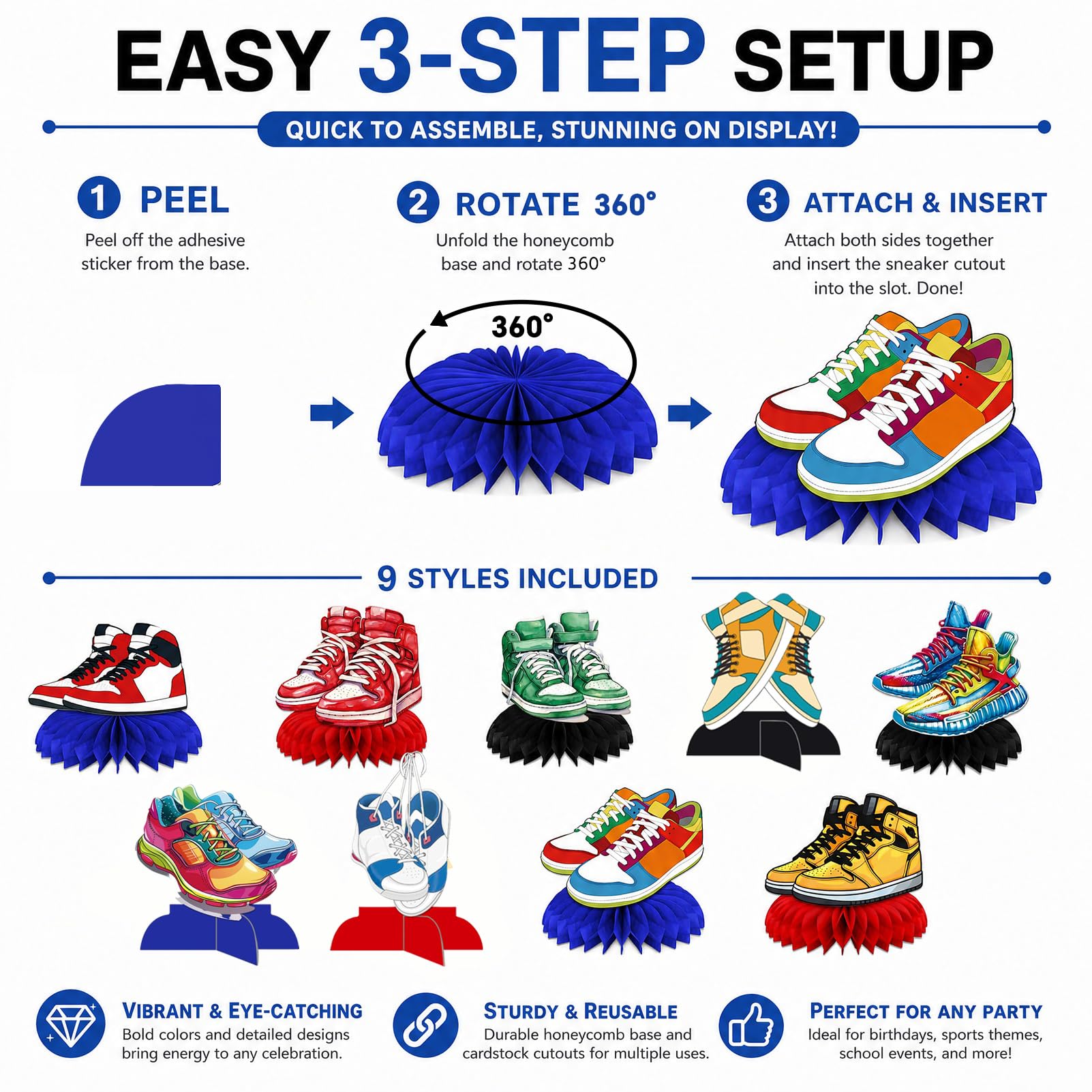 9-Piece Sneaker Honeycomb Decorations, 3D Sports Centerpieces for Table, Themed Party Supplies for Birthday Baby Shower Sport Shoes Graduation (9 Pcs)
