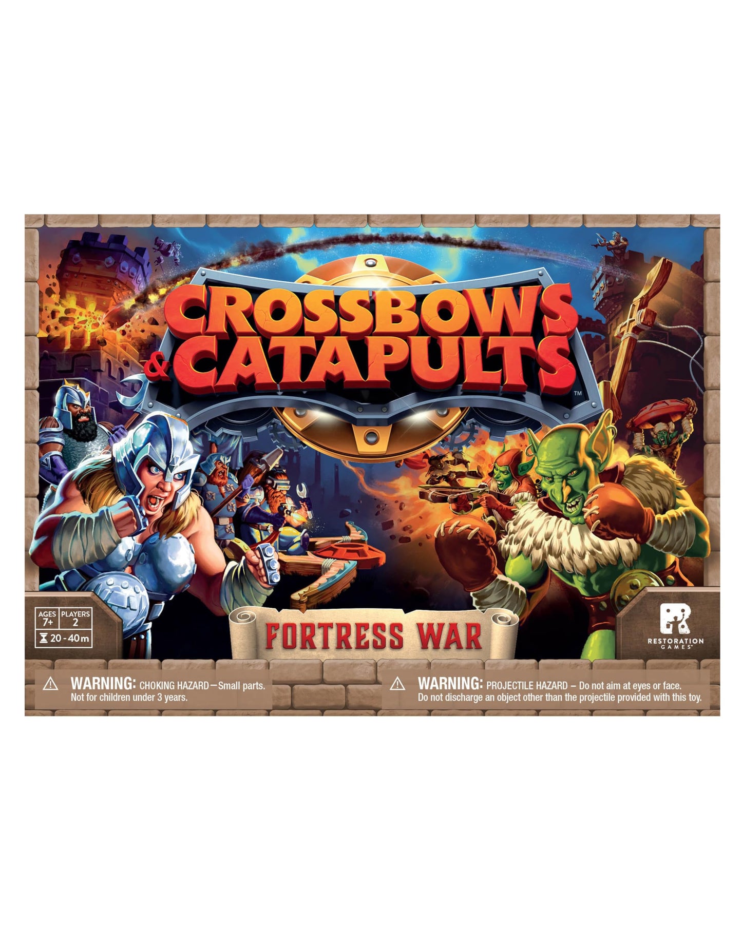 Restoration Games Crossbows and Catapults Fortress War - Dexterity Game for 2 Players - Build, Launch, and Topple Castles - 20-40 Min Playtime - Ages