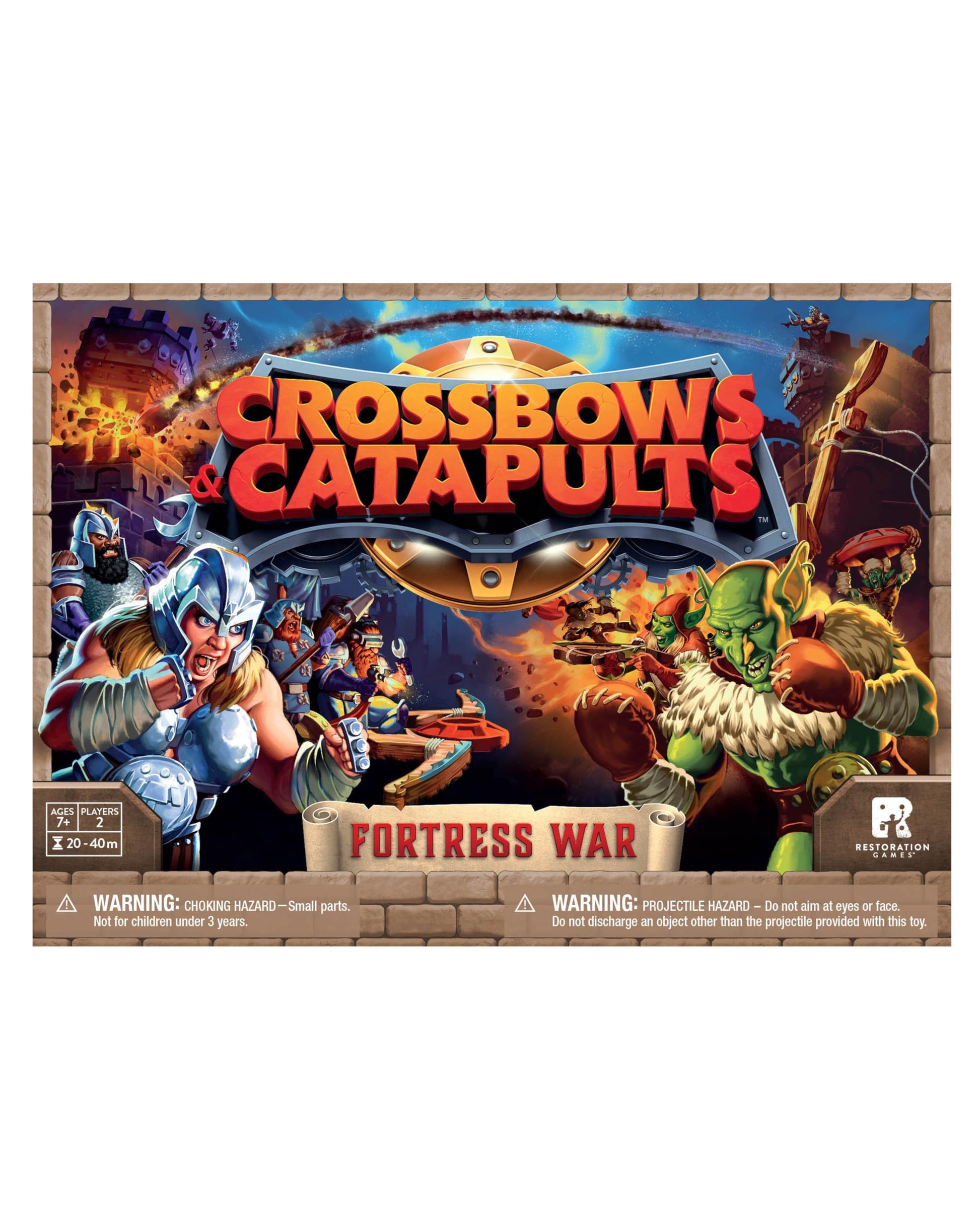 Restoration Games Crossbows and Catapults Fortress War - Dexterity Game for 2 Players - Build, Launch, and Topple Castles - 20-40 Min Playtime - Ages