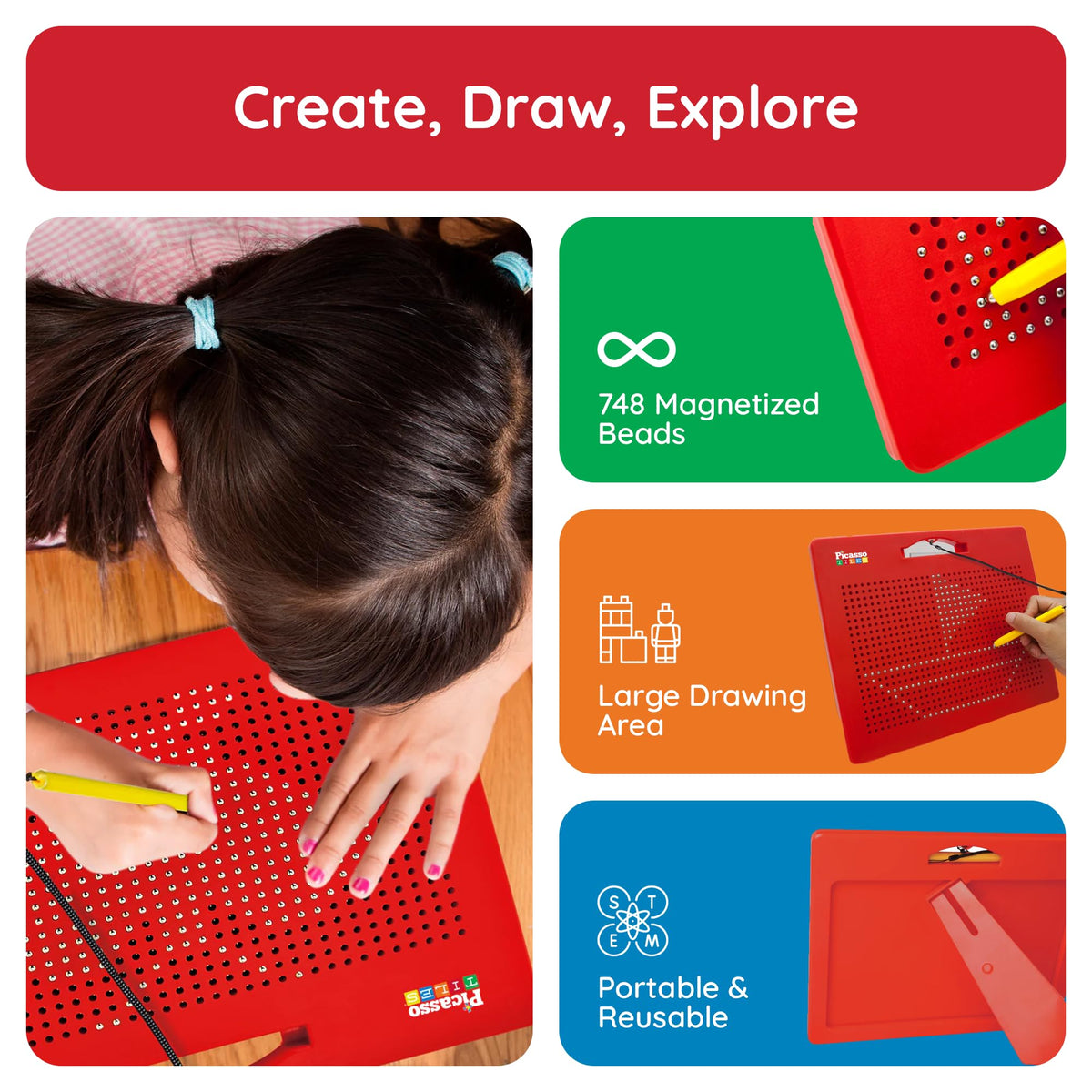 PicassoTiles Toys Magnetic Drawing Board 12x10 inch Large 748 Bead Magnet Tablet Pad Erasable Reusable Writing Playboard STEM Toys Educational Playset