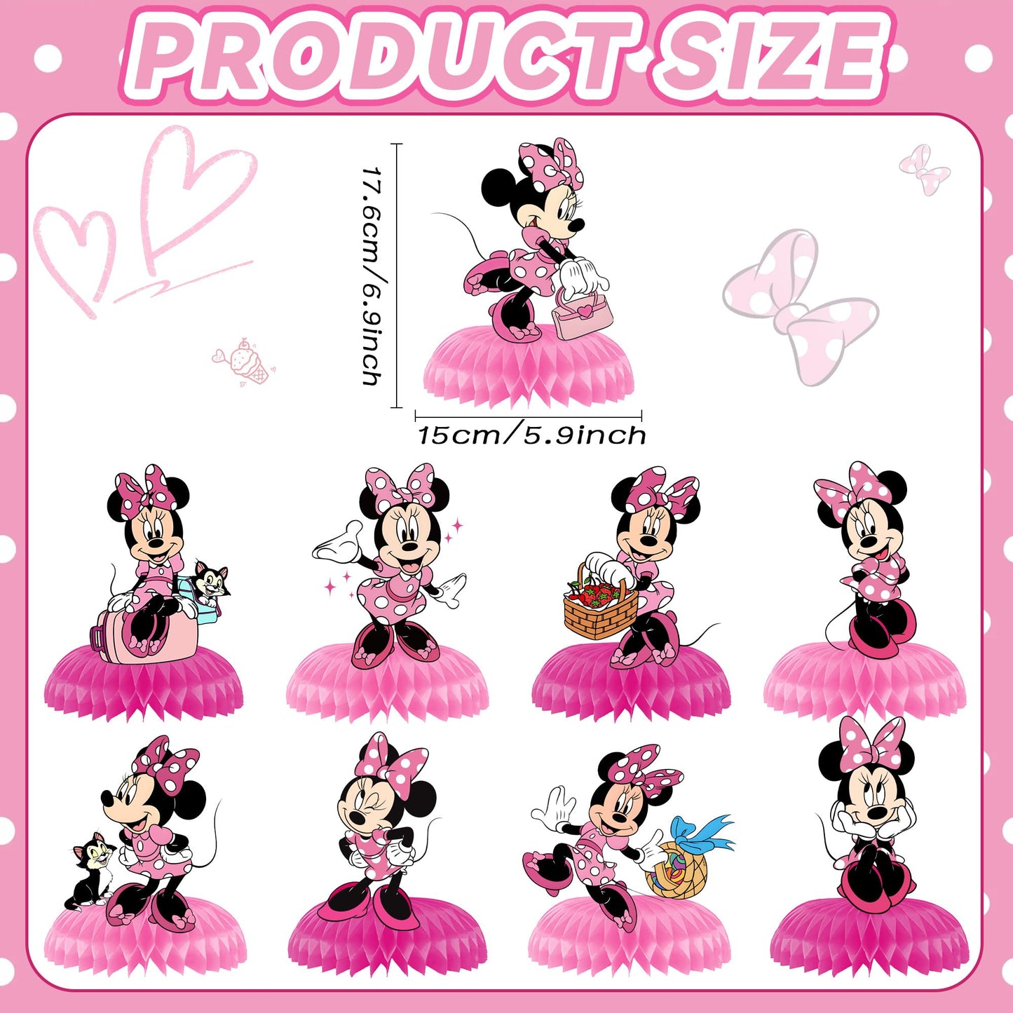 9Pcs Minnie Honeycomb Centerpieces, Cartoon Movie Theme Birthday Party Supplies, Double-Sided 3D Table Decorations & Favors for Kids