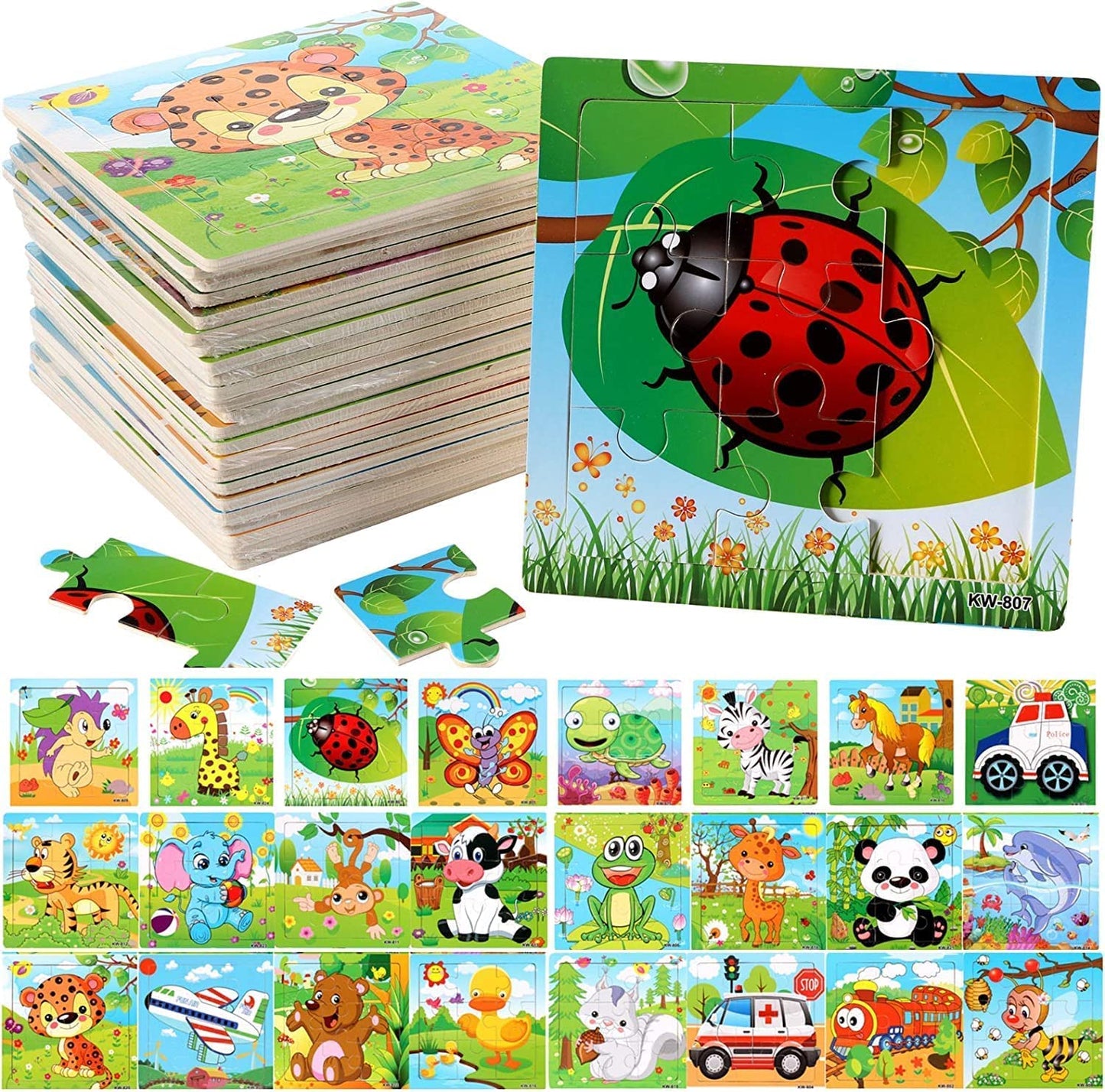 Yopay 24 Pack Wooden Puzzles for Kids,Mini Jigsaw Animal Puzzles Set for Kids Boys Girls, Early Preschool Educational Toys, 20 Animal Patterns + 4